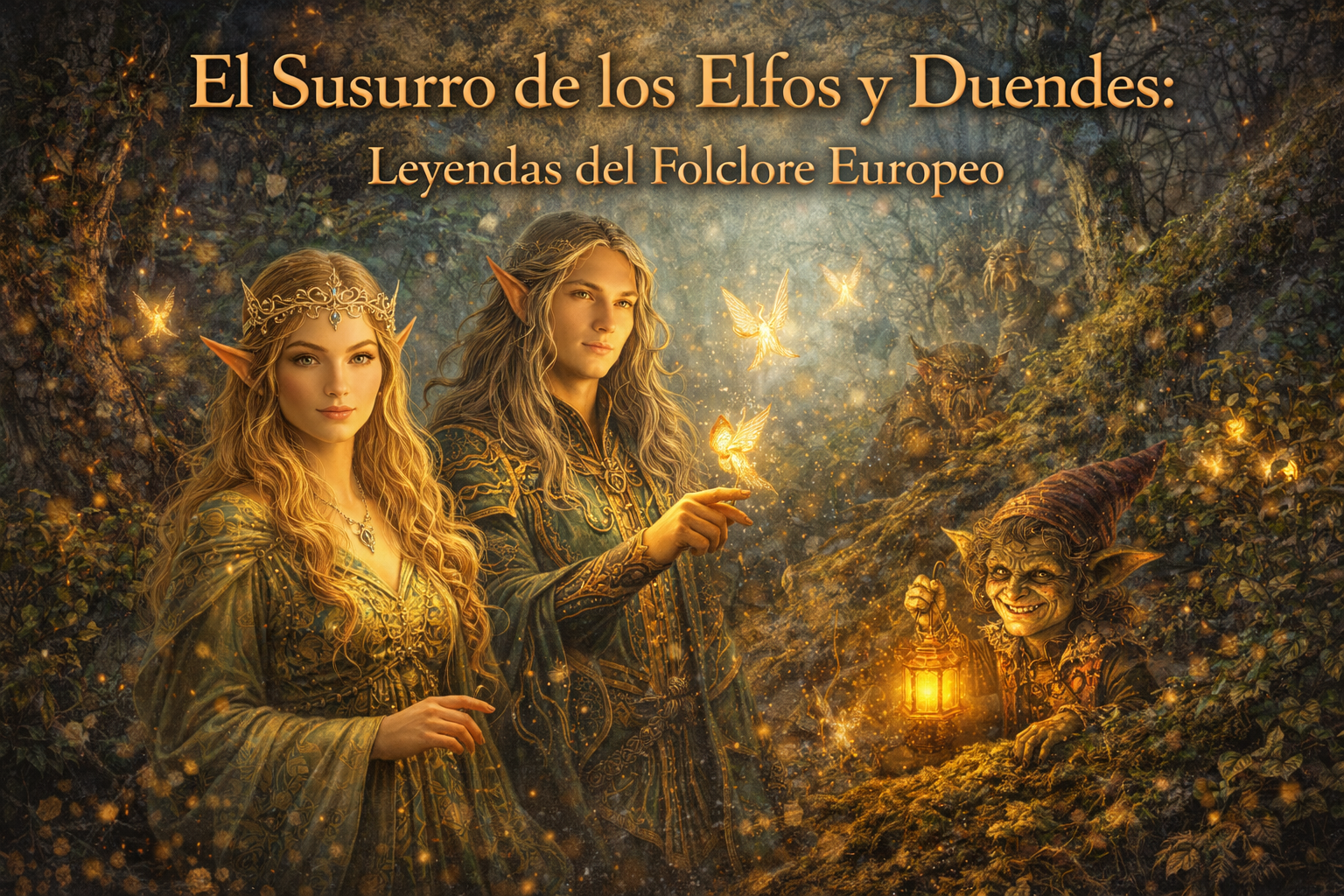 Un par de Elfos y un duende, con pequeñas hadas y luces alrededor, en un bosque