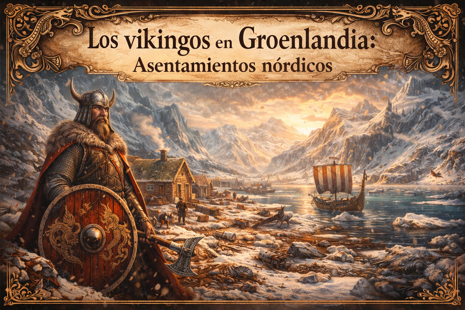 Imagen de Vikingo en un paisaje nevado, que dice "Los vikingos en Groenlandia: Asentamientos nórdicos"