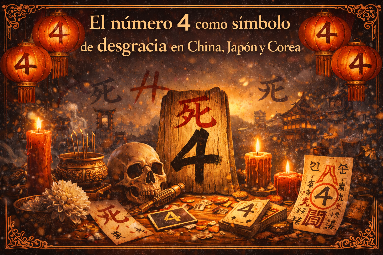Imagen con el 4 y el caracter de "muerte", que dice "El número 4 como simbolo de desgracia en China, Japón y Corea", con cráneo, velas, incienso y faroles