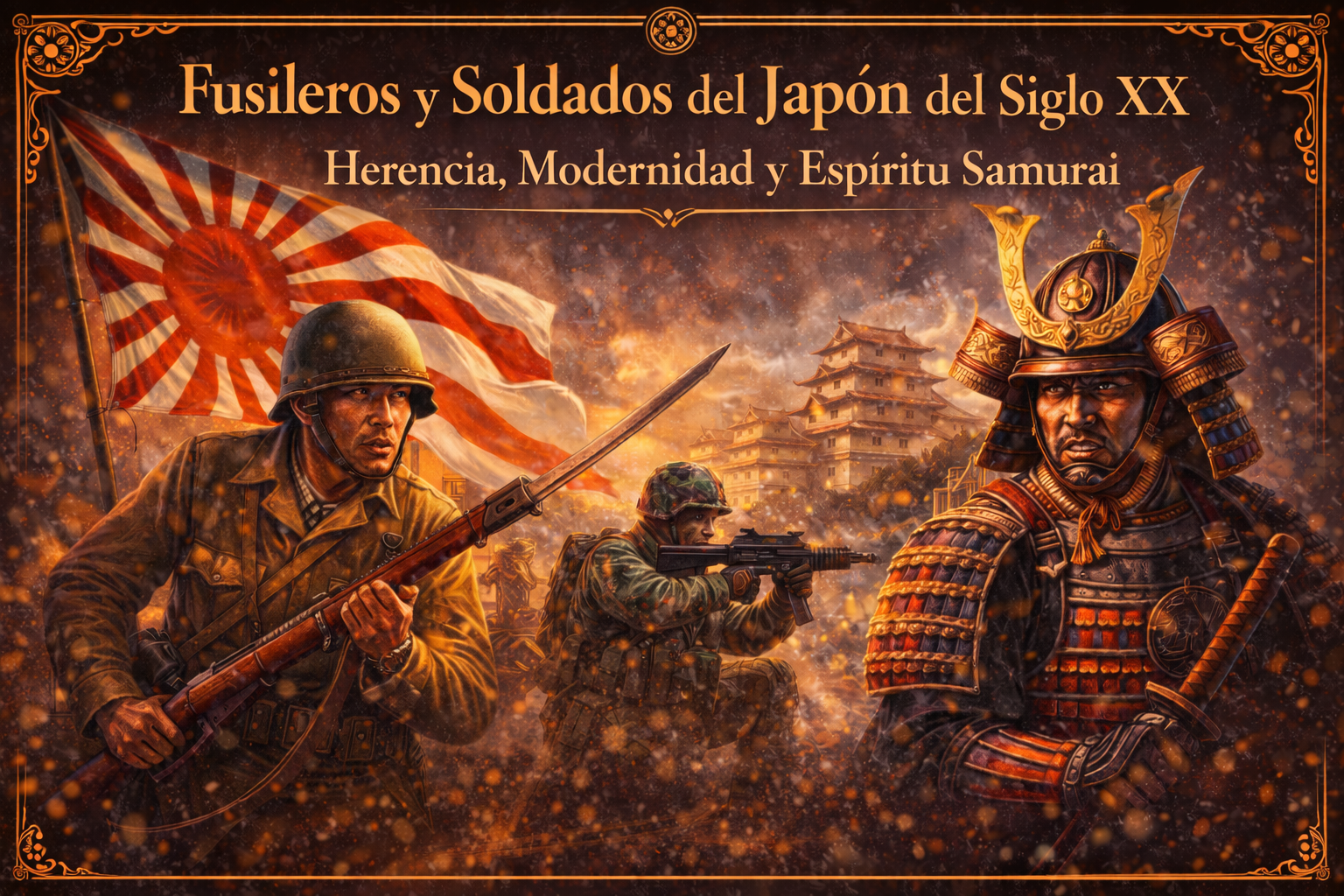Imagen de Fusileros japoneses, con sus armas, y Samurai en armadura de guerra