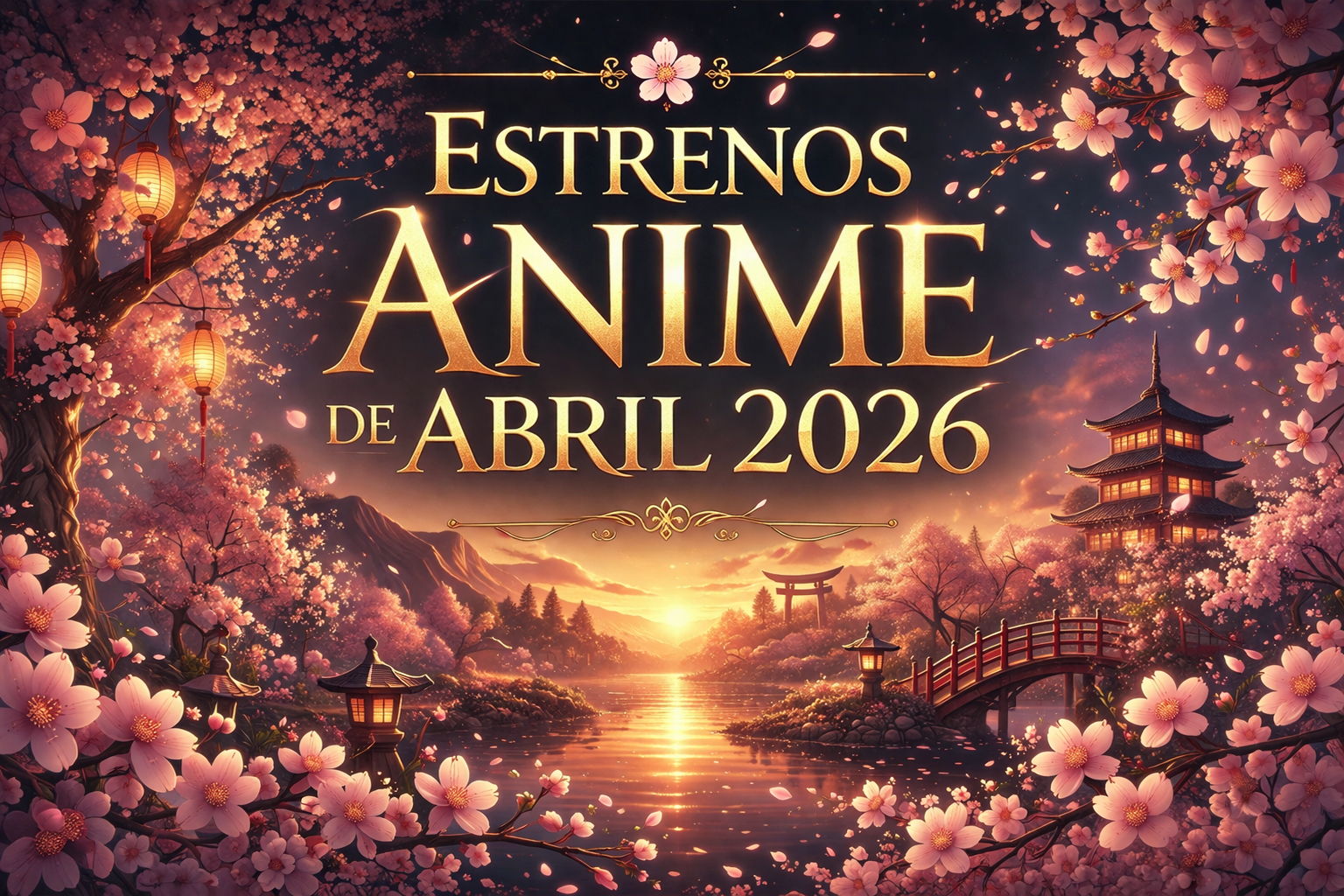 Estrenos Anime de Abril 2026, texto con un fondo de estilo japonés con sakuras evocando la primavera