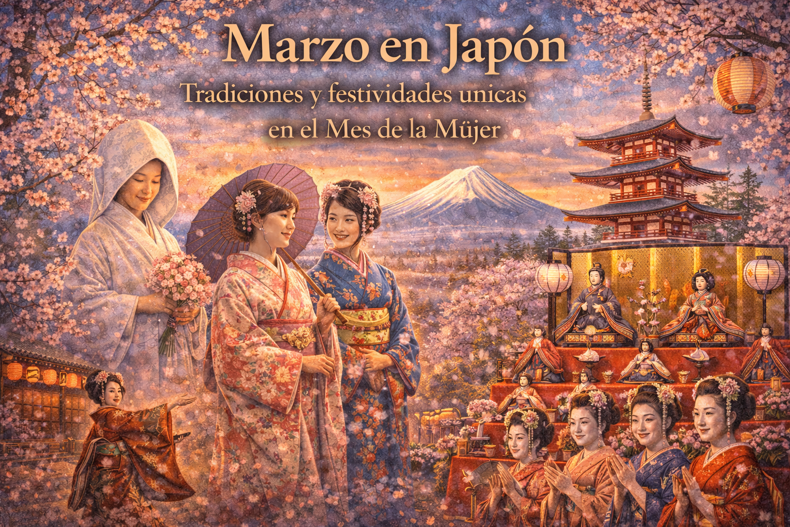Imagen de edificios, festividades y personas con vestimentas tradicionales japonesas, con Sakuras alrededor y el monte Fuji de fondo