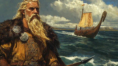 Ilustraciòn de Olaf Haraldsson con un navío Vikingo en el mar detrás