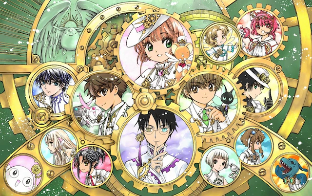 Imagen con personajes de las diferentes historias de Clamp en engranajes interconectados