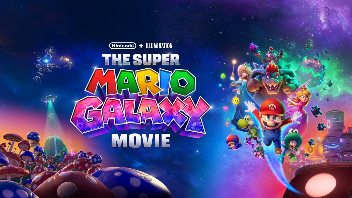 Imagen de Super Mario Galaxy, la película, con el título y todos los personajes principales