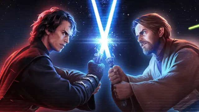 Dos personajes de Star Wars cruzando sables de luz en un enfrentamiento