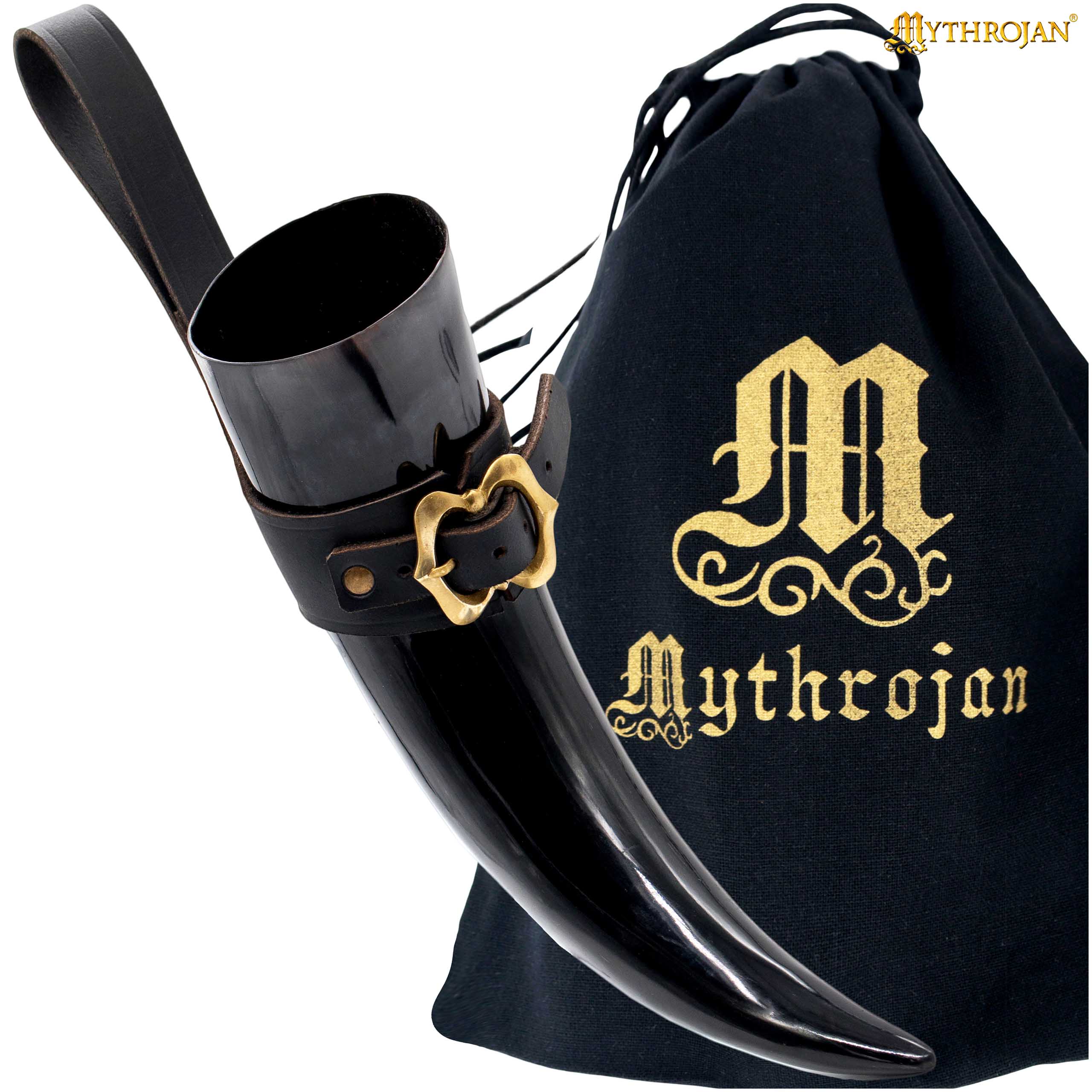 Mythrojan The Loyal Soldier - Vikingo Cuerno para Beber con Soporte de Cuero Negro Auténtica Jarra de Vino / Cabeza Vikinga de Inspiración Medieval - Acabado Pulido - 400ml - Imagen 1