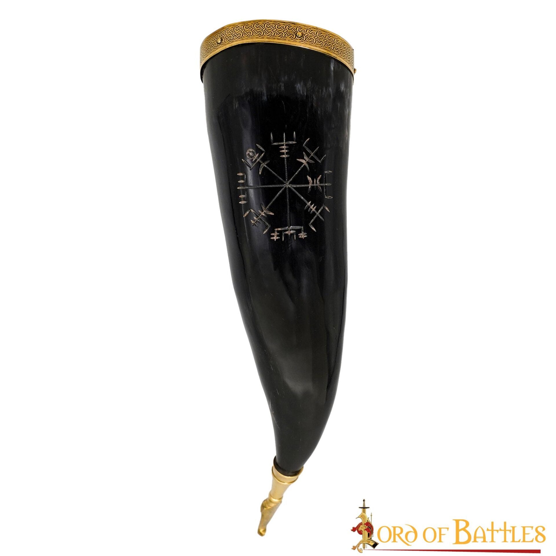 Cuerno Vikingo para Beber con Runa Vegvísir Grabada - Borde y Punta de Latón - Imagen 18