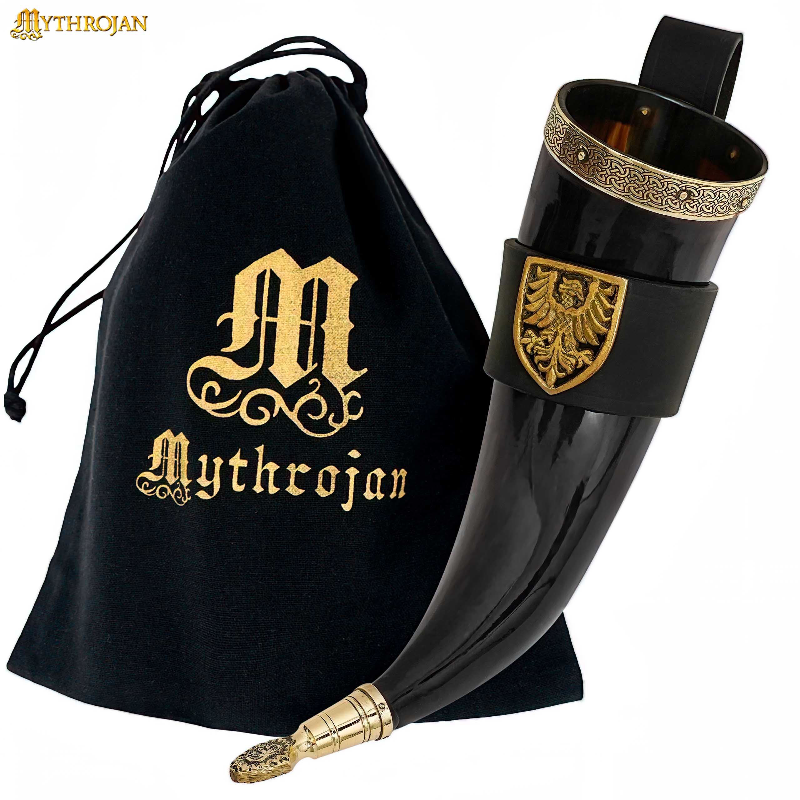 Mythrojan The Tournament Champion - 350 Ml Viking Drinking Horn con Soporte de Cuero Negro - Imagen 1