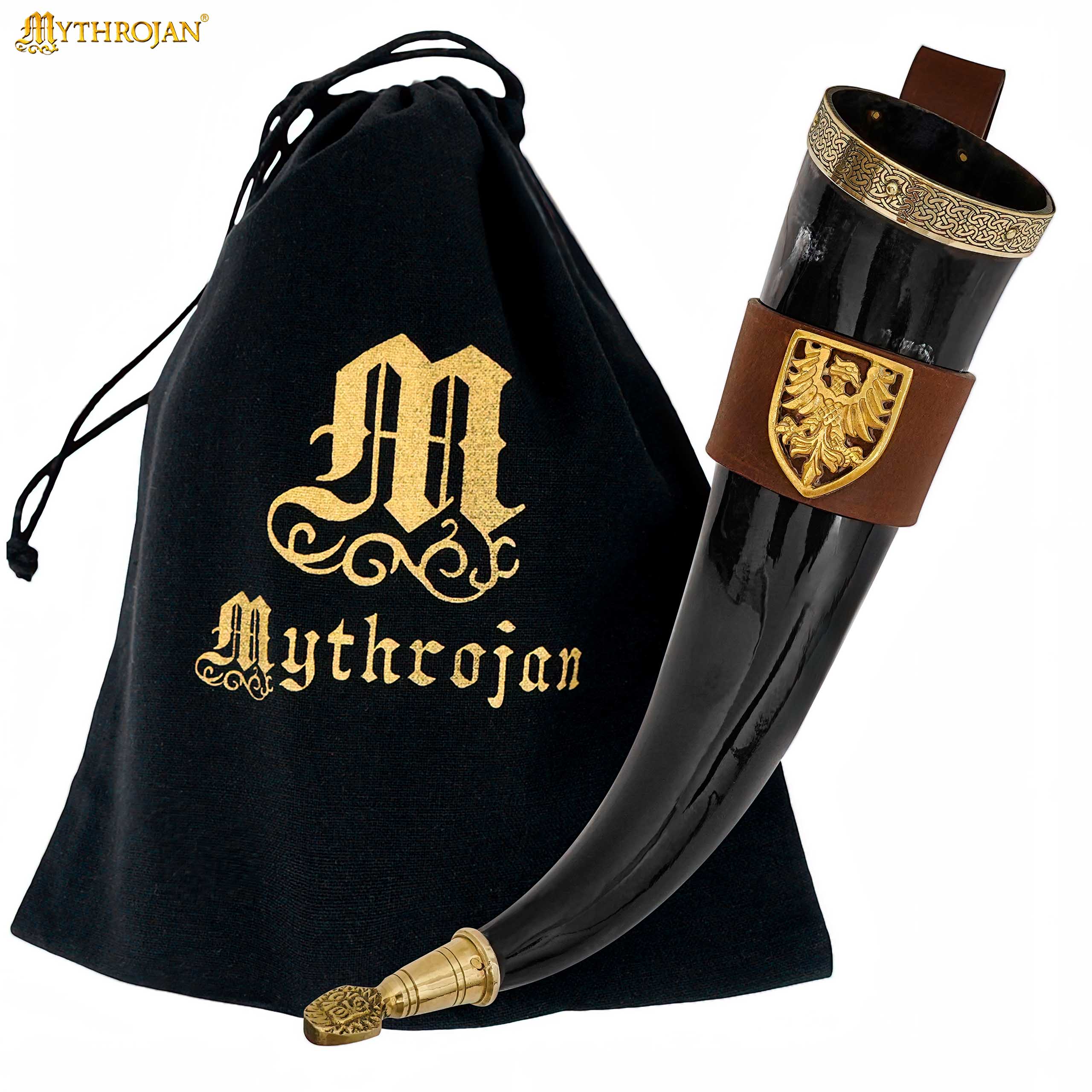 Mythrojan The Tournament Champion - Viking Drinking Horn 350 Ml With Brown Leather Holder Authentic Medieval Inspired Viking Wine/mead Mug - Polished Finish - Imagen 1