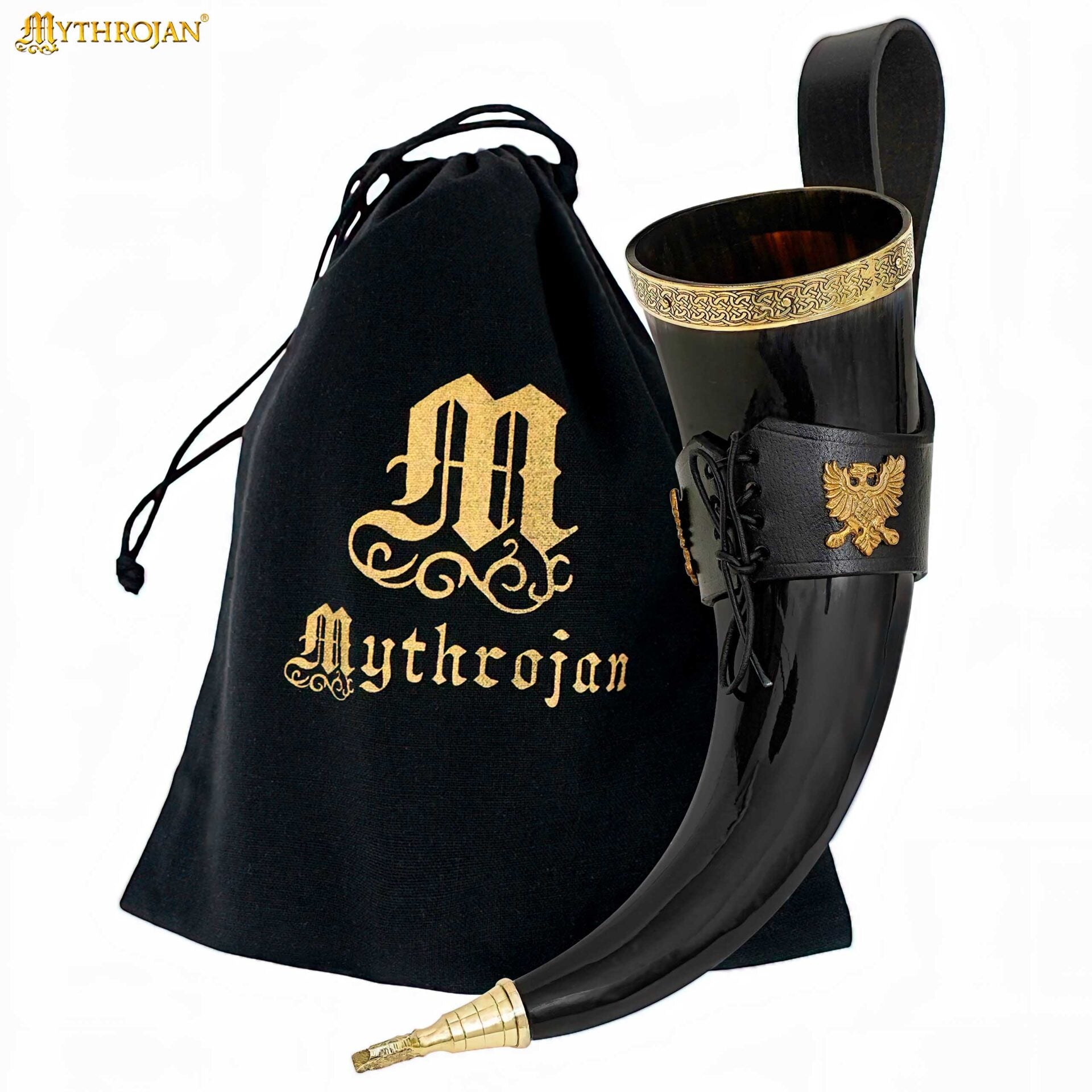 Mythrojan The Bird Of Prey Viking Drinking Horn 350 Ml con Soporte de Cuero Negro Auténtica Jarra de Vino/cerveza Vikinga de Inspiración Medieval - Acabado Pulido - Imagen 1