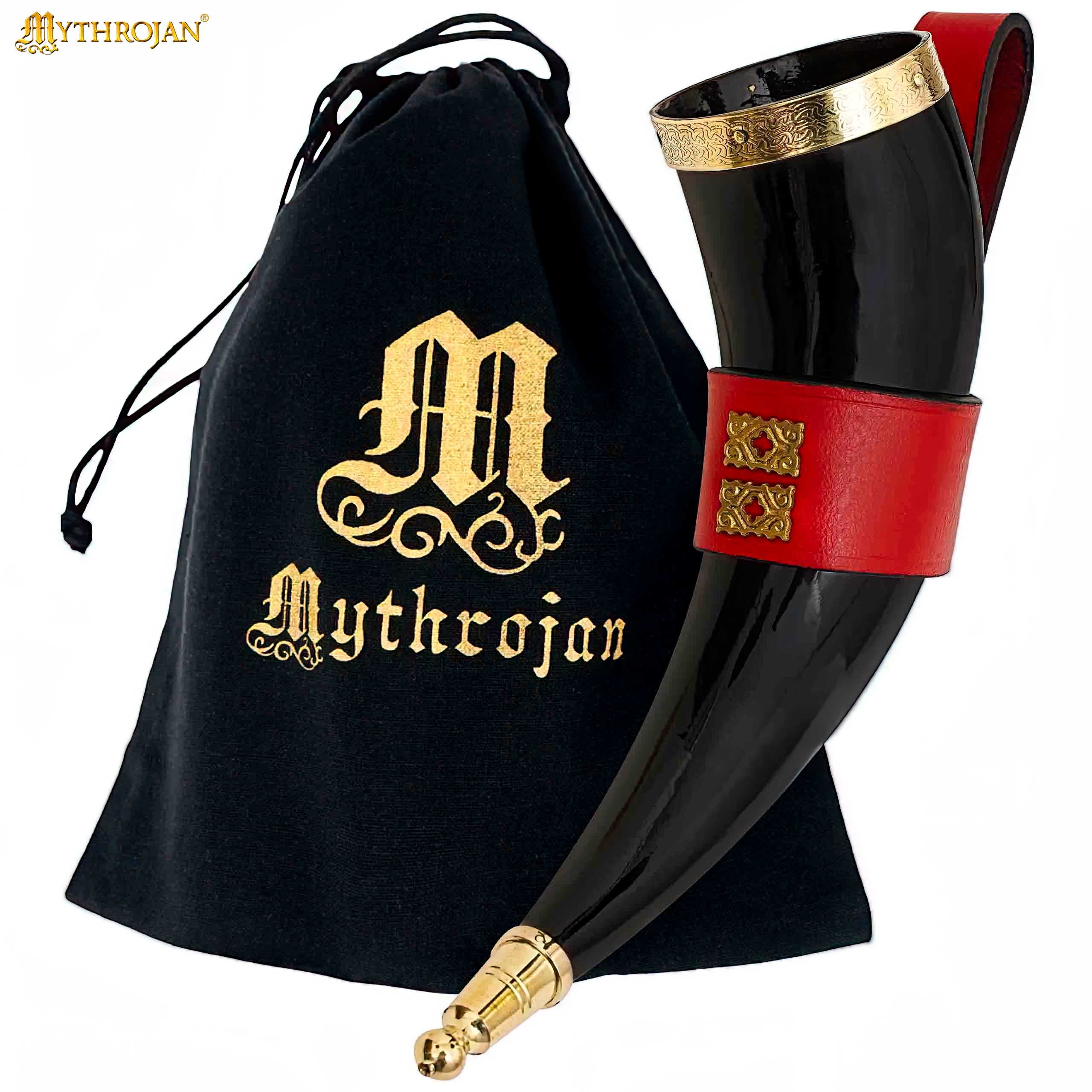 Mythrojan The Wealthy Merchant - Viking Drinking Horn With Red Leather Holder Authentic Medieval Inspired Viking Wine/mead Mug - Polished Finish - 350 Ml - Imagen 1