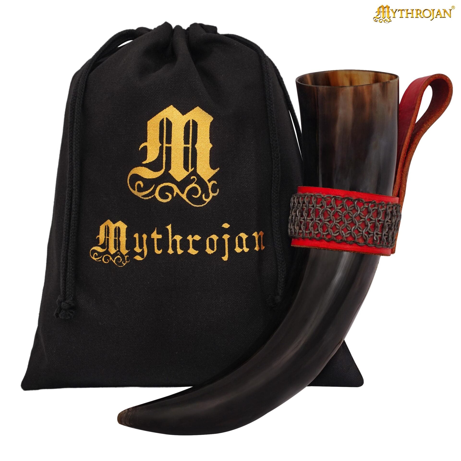 Mythrojan The Witcher Companion Vikingo Cuerno para Beber con Soporte de Cuero Rojo Auténtica Taza Vikinga Inspirada en la Edad Media - Acabado Pulido - Imagen 1