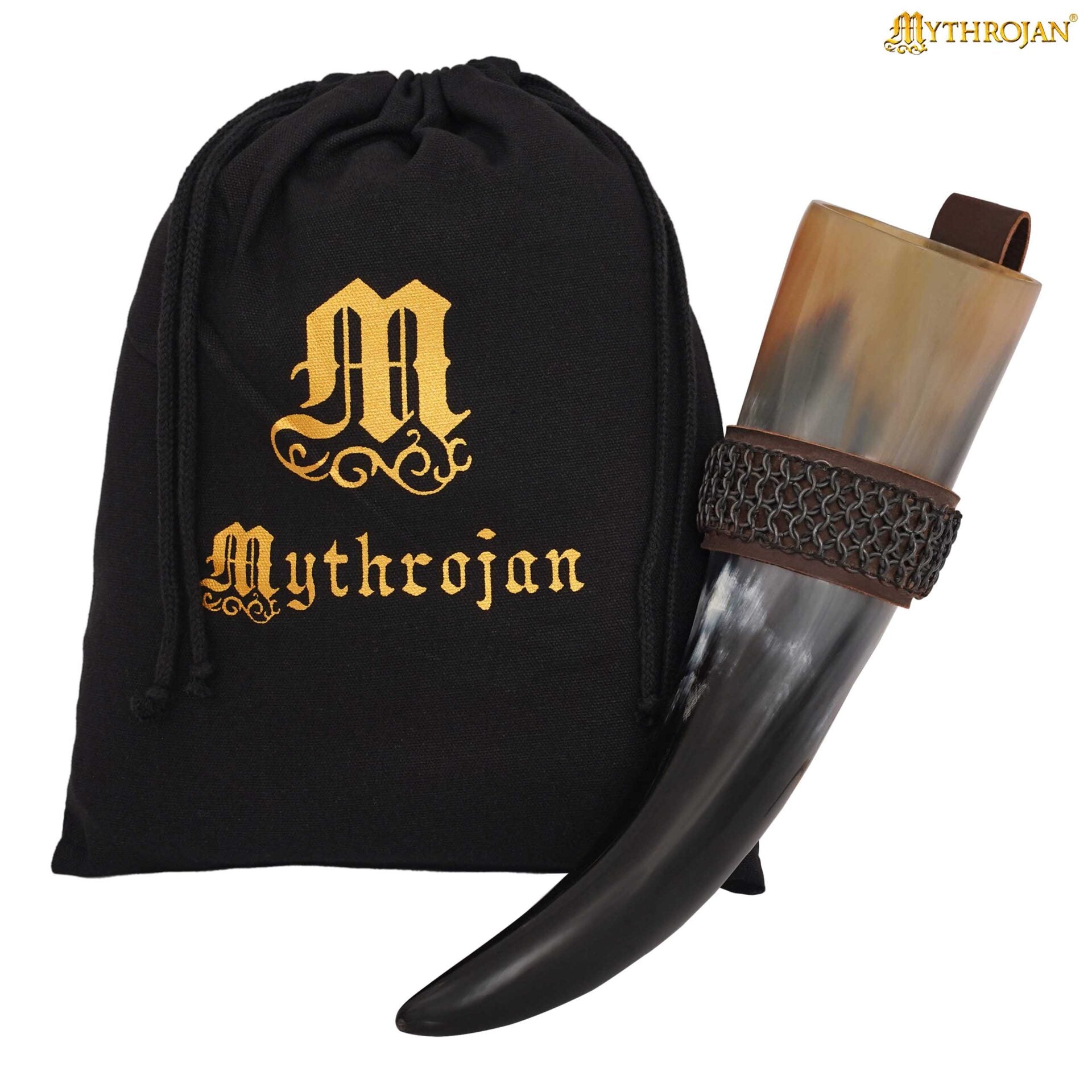 Mythrojan The Witcher Companion Vikingo Cuerno para Beber con Soporte de Cuero Marrón Auténtica Taza de Vino/madera Vikinga de Inspiración Medieval - Acabado Pulido 400 Ml - Imagen 1