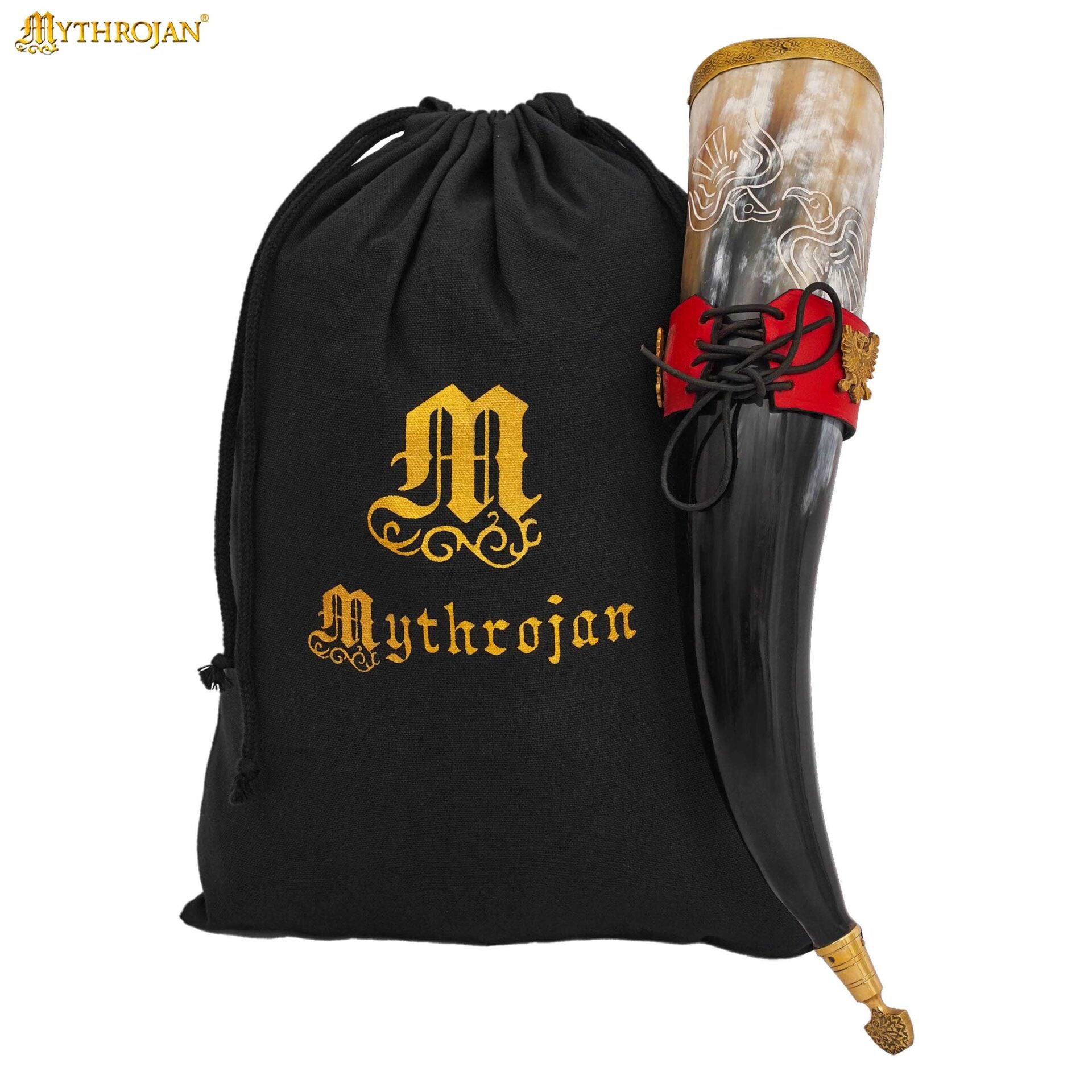 Mythrojan The Bird Of Prey Viking Drinking Horn 350 Ml con Soporte de Cuero Rojo Auténtica Jarra de Vino/cerveza Vikinga de Inspiración Medieval - Acabado Pulido - Imagen 1