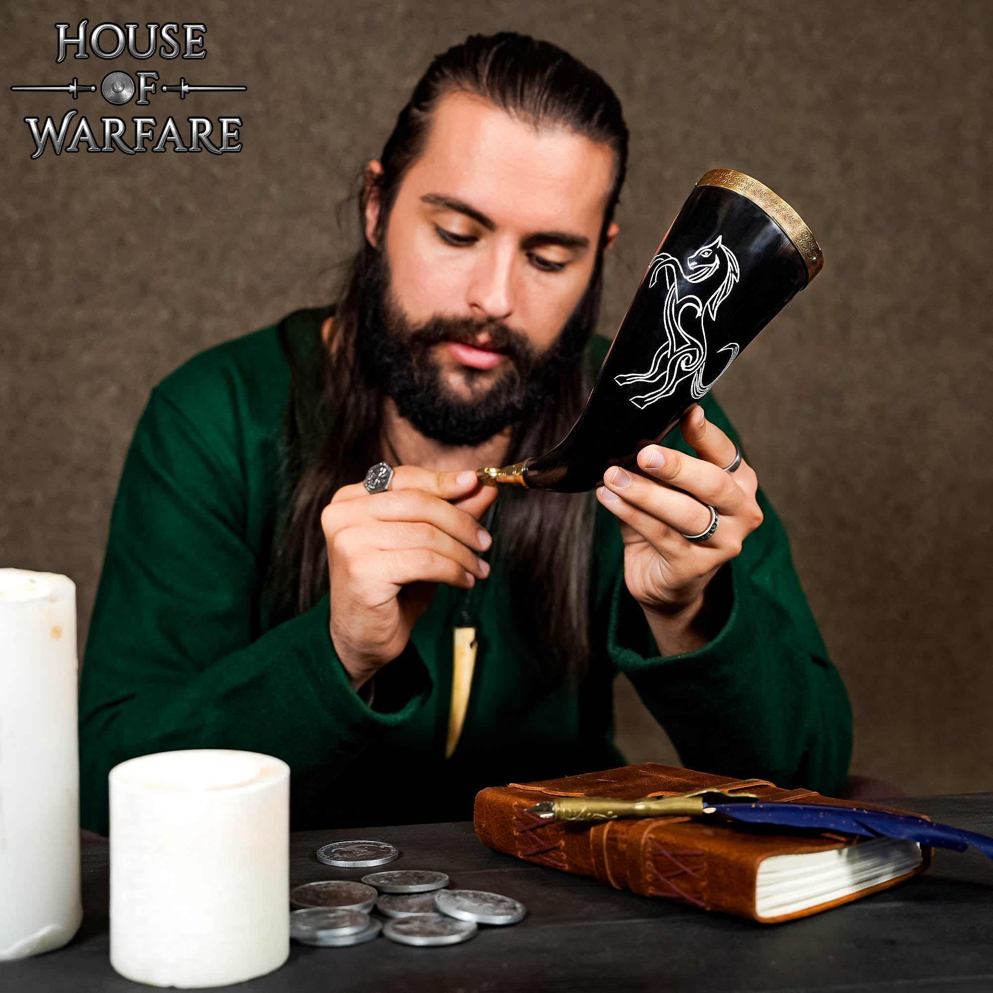 Taza de Cuerno de Buey Artesanal 200-300ml con Borde de Latón y Punta de Cabeza de León - Imagen 2