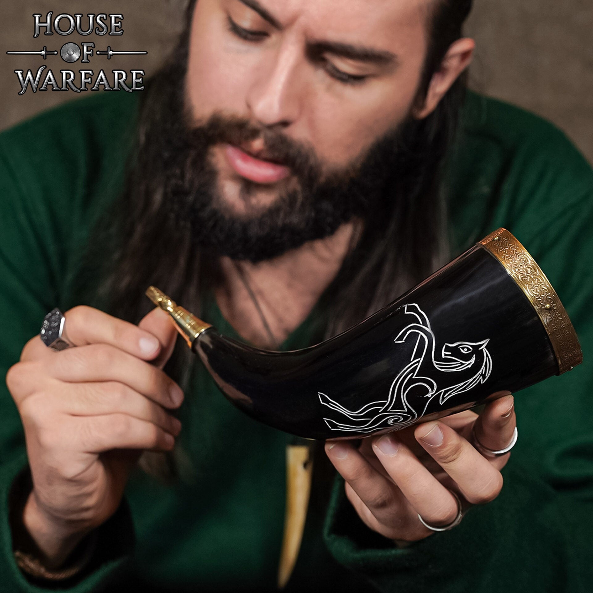 Taza de Cuerno de Buey Artesanal 200-300ml con Borde de Latón y Punta de Cabeza de León - Imagen 7