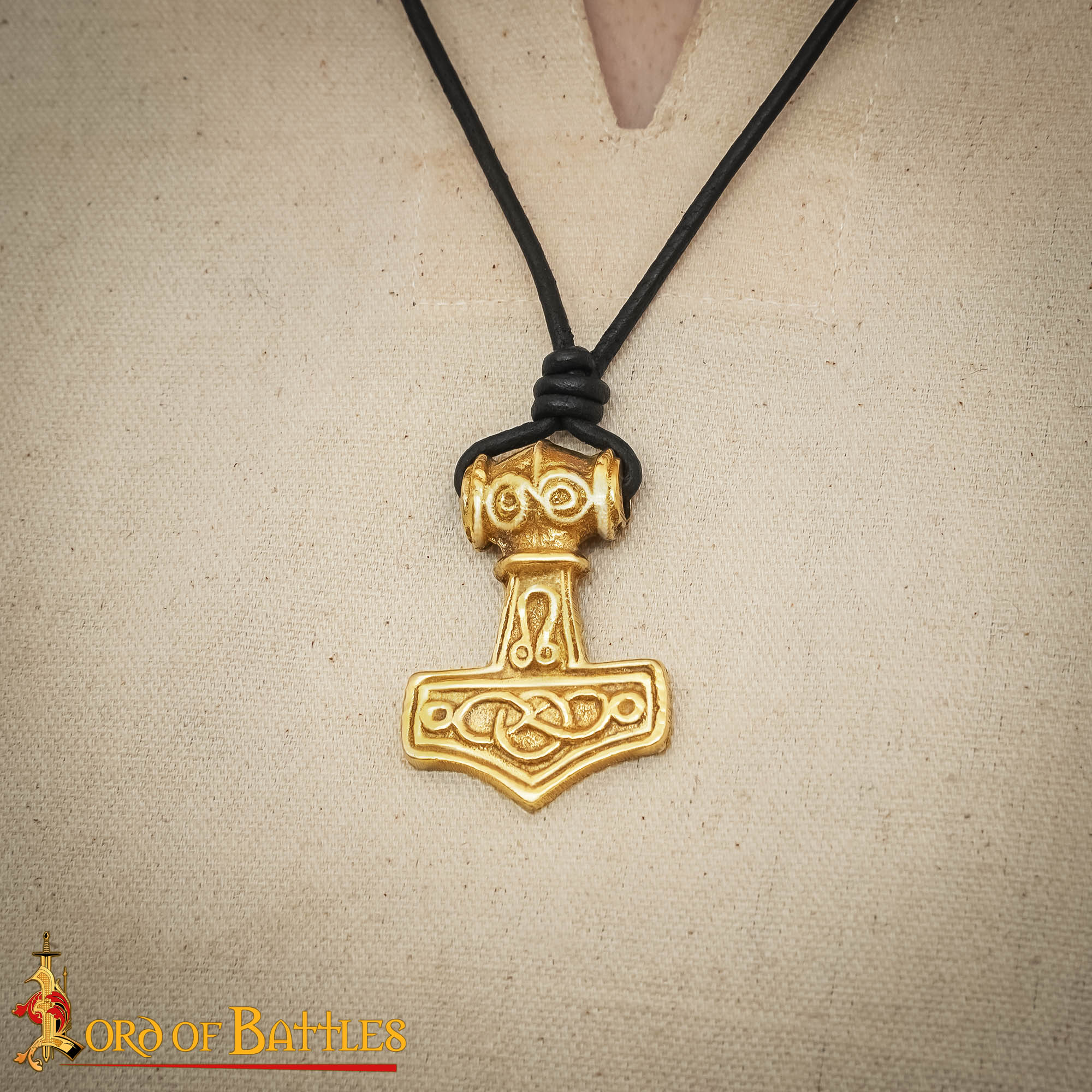 Colgante Mjolnir con Cordón de Cuero - Latón, Martillo de Thor - Imagen 2