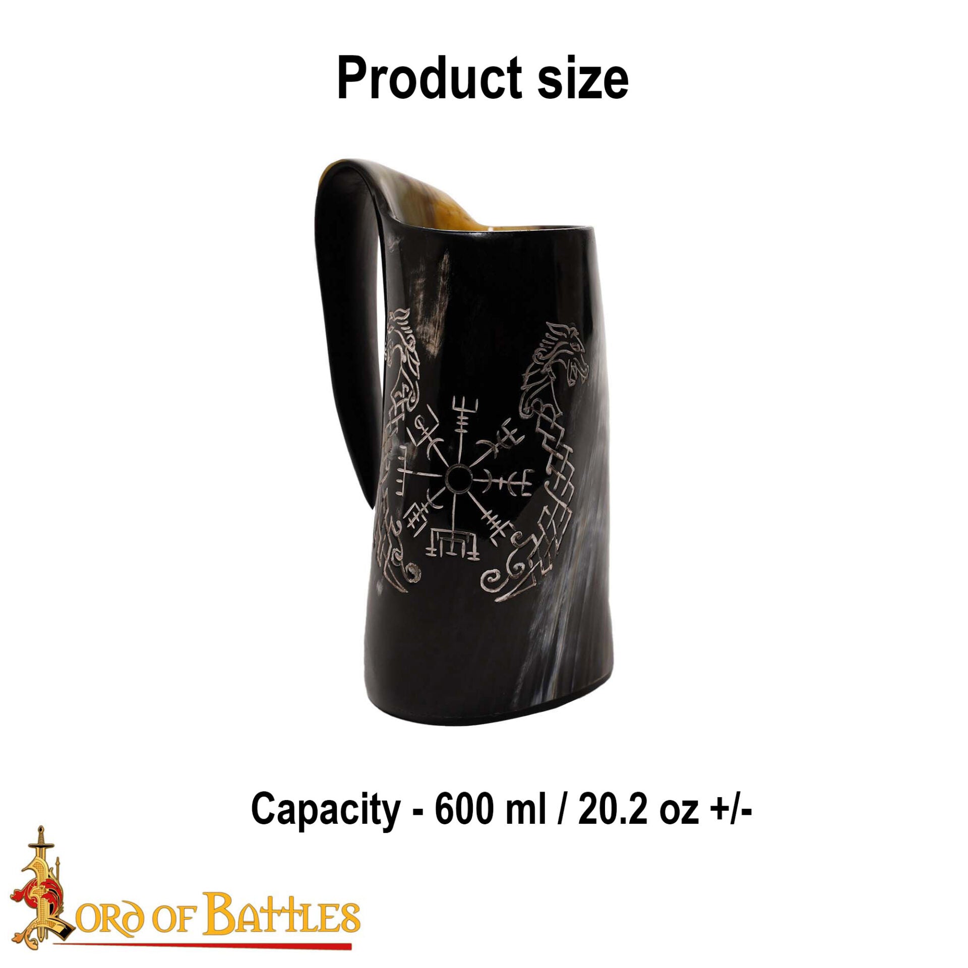 Taza de Cuerno Vikingo con Vegvisir y Grabado de Caballo Gemelo Taza de Cuerno de Buey Natural Pulido, Jarra para Hidromiel y Cerveza - Imagen 16