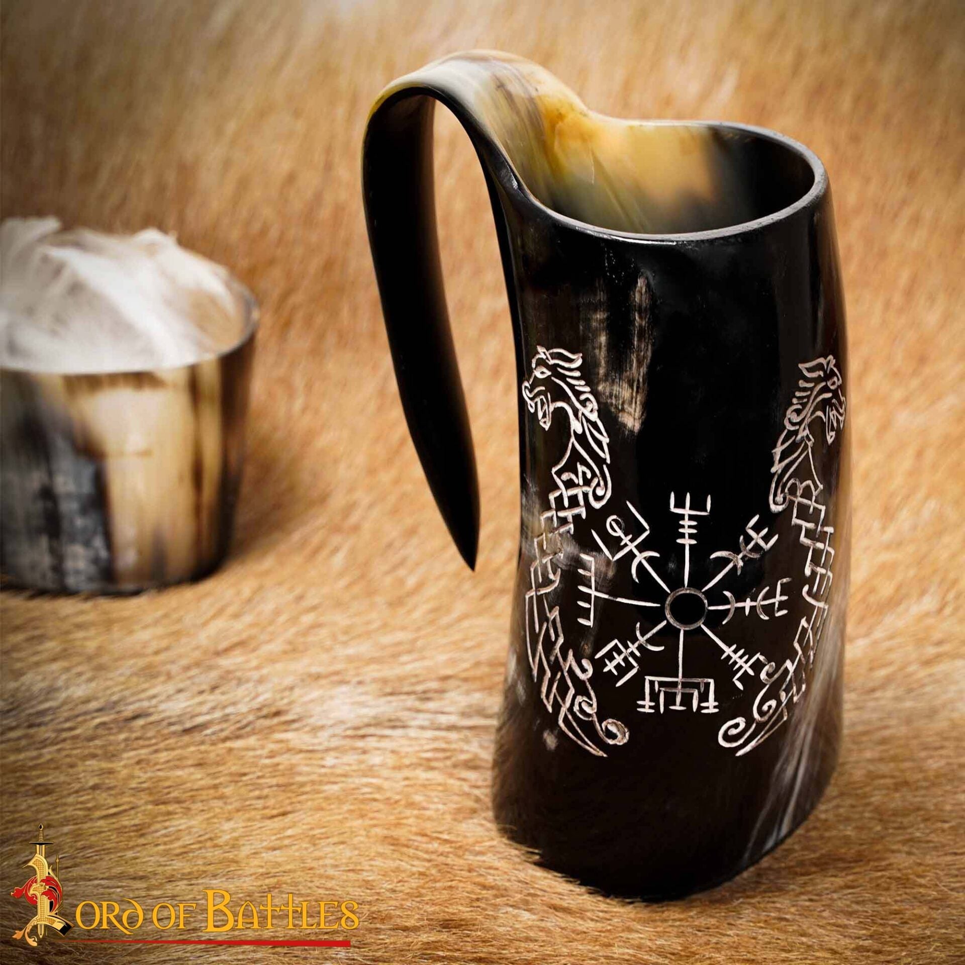 Taza de Cuerno Vikingo con Vegvisir y Grabado de Caballo Gemelo Taza de Cuerno de Buey Natural Pulido, Jarra para Hidromiel y Cerveza - Imagen 15