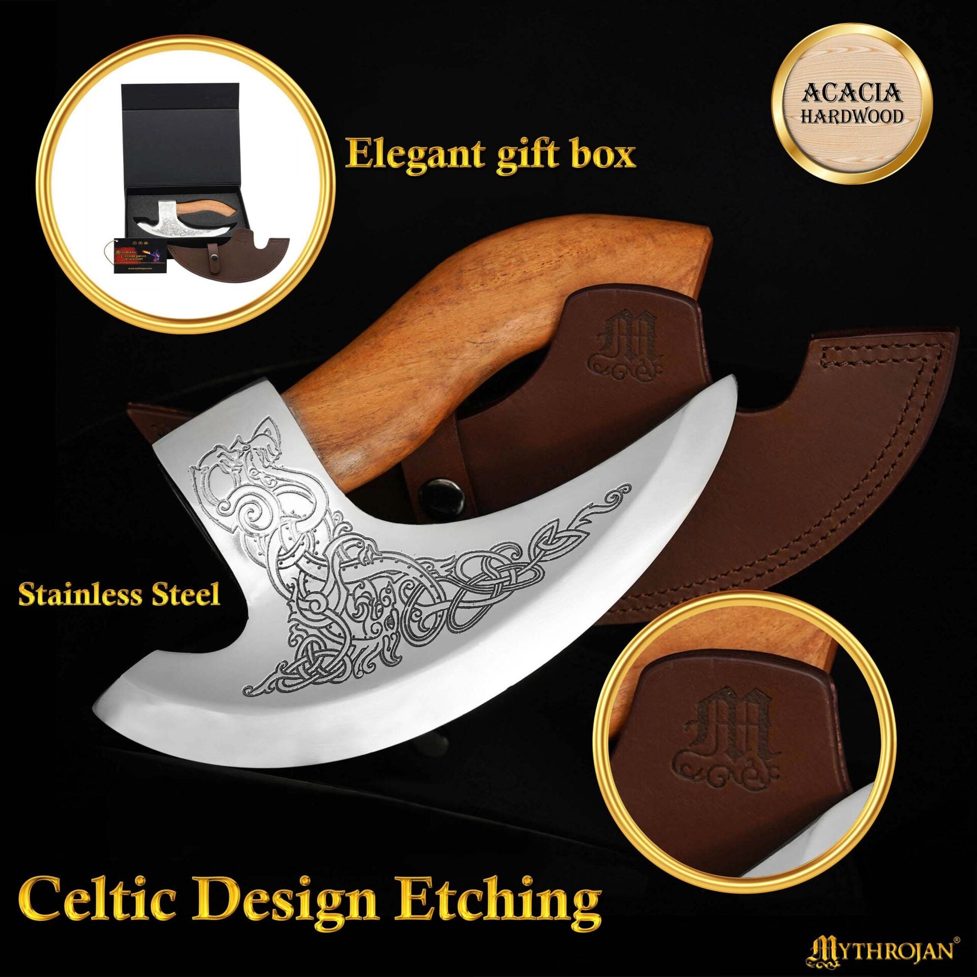 Mythrojan Hacha Vikinga para Pizza - Cortador de Pizza de Acero Inoxidable Forjado a Mano con Mango de Acacia Maciza y Funda de Cuero - Grabado Celta - Caja de Regalo - Imagen 5