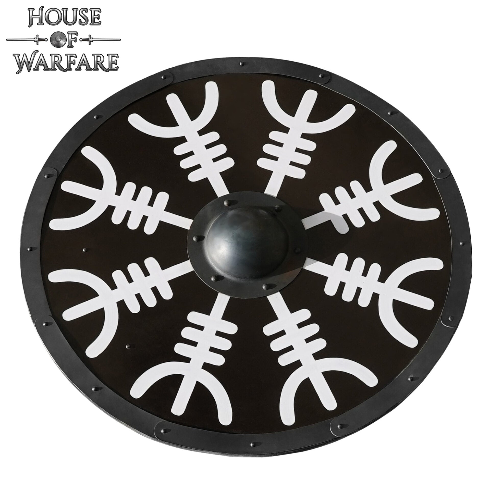 Escudo Vikingo de Madera con Yelmo de Pavor Diseño Aegishjalmur -escudo de Batalla Redondo Pintado - Escudo Medieval Funcional - Imagen 4