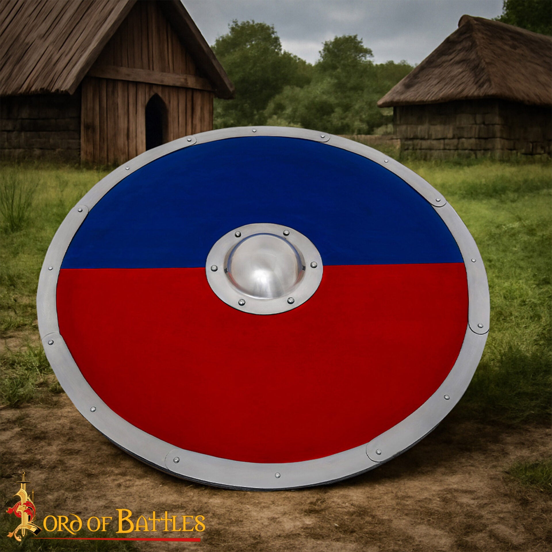 Escudo Redondo Vikingo 30" - Escudo Artesanal de Madera con Jefe de Acero - Pintura de Guerra Roja y Azul - Imagen 6