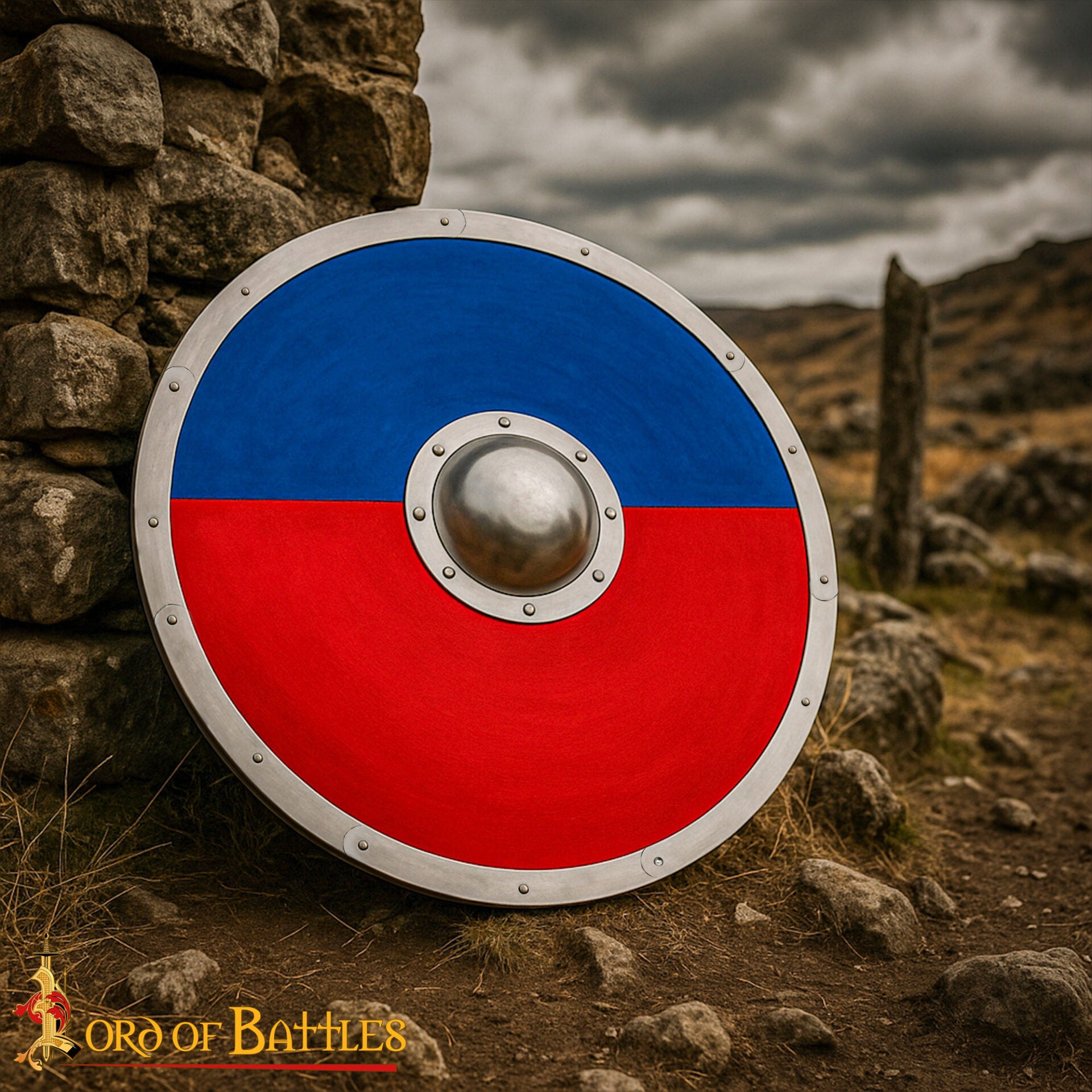 Escudo Redondo Vikingo 30" - Escudo Artesanal de Madera con Jefe de Acero - Pintura de Guerra Roja y Azul - Imagen 1