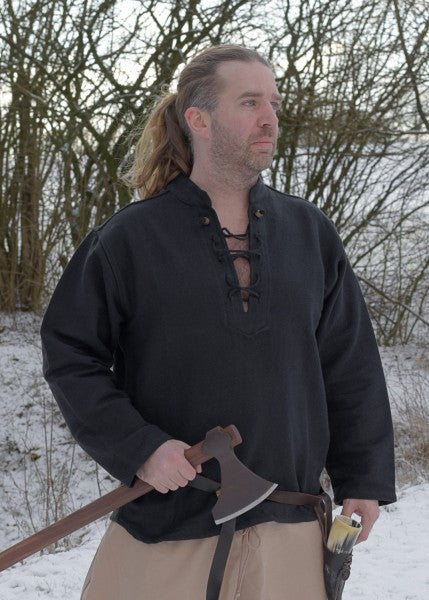 Camisa medieval grossa, com atacadores, tecida à mão, preta 1202201720