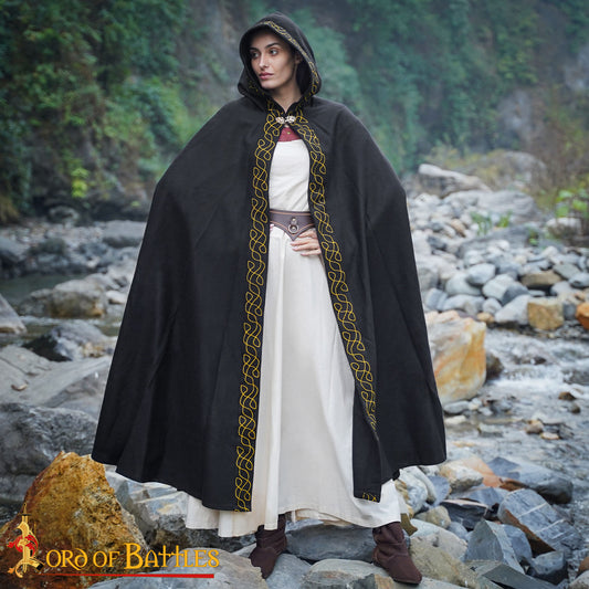 Capa Medieval de Lana con Bordados Dorados - Capa Histórica Negra con Capucha - Imagen 2