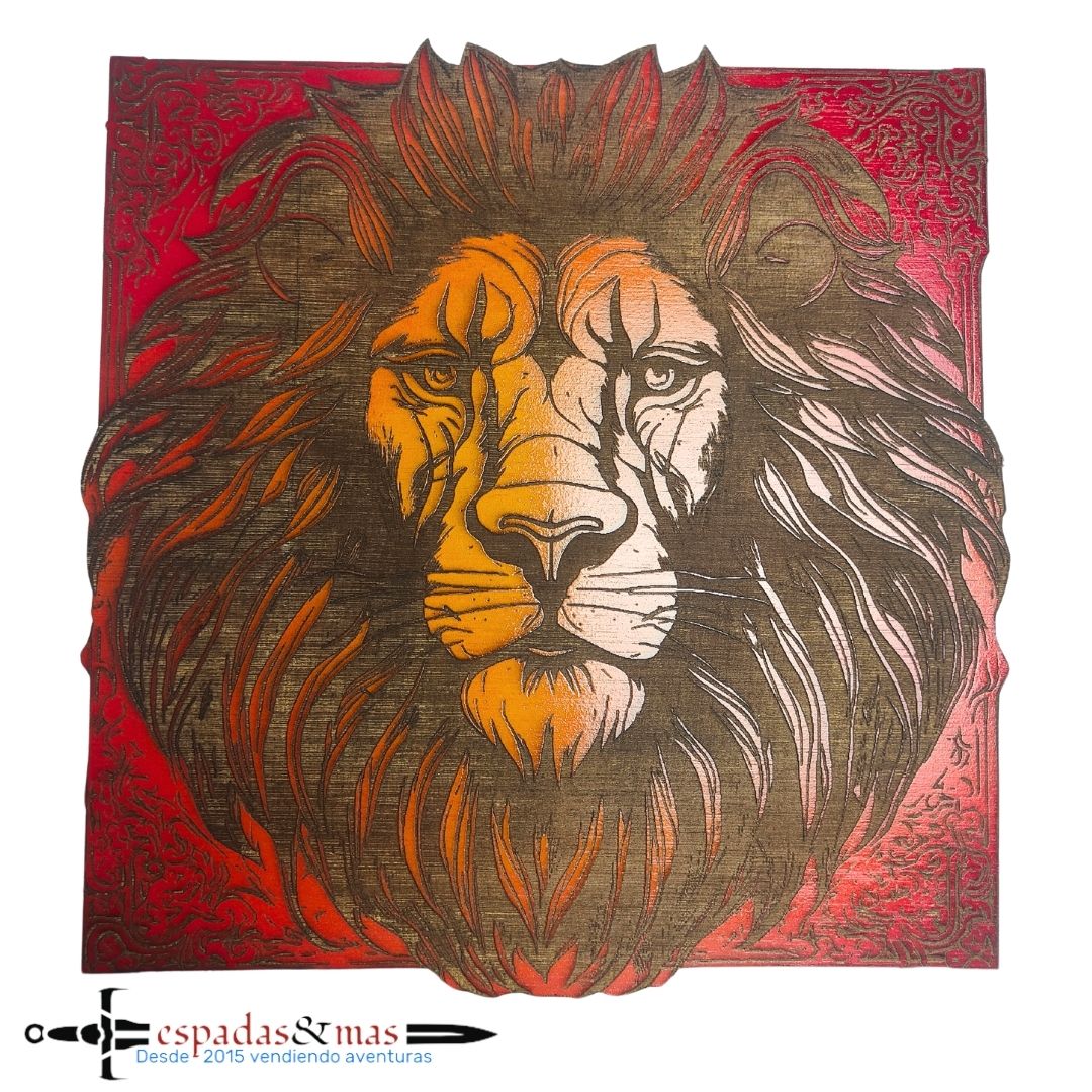 Engraved painting of a lion's face