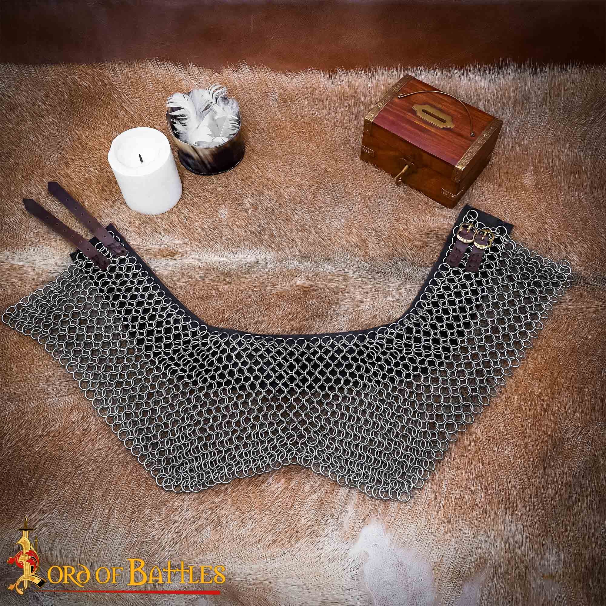 Cota de Malla Medieval - Anillos de Alta Resistencia a la Tracción con Adornos de Cuero - 9mm 16 Gauge Protección para el Cuello - Imagen 6