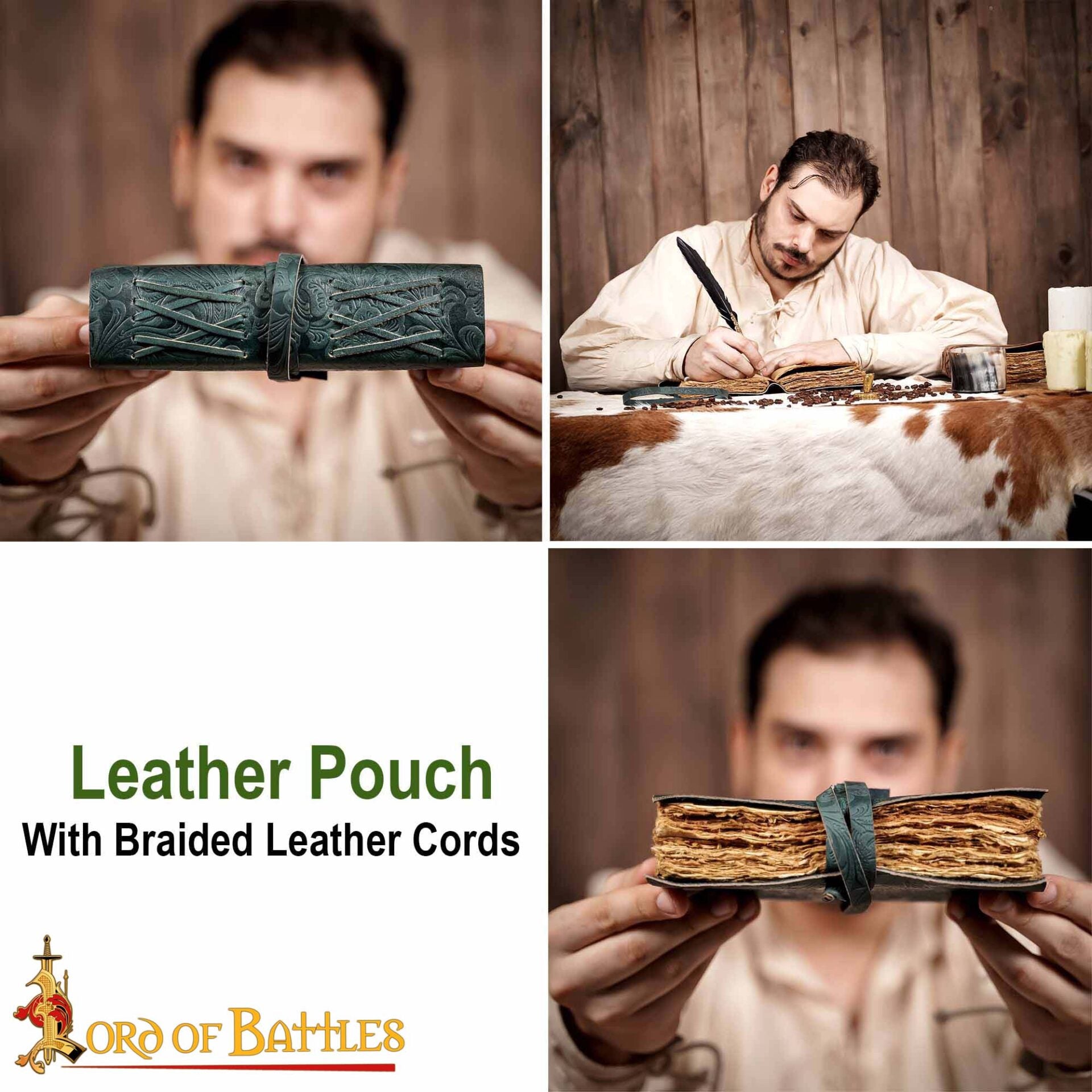 Diario Medieval de Cuero con Papel Antiguo -verde - Diario Hecho a Mano - Imagen 8