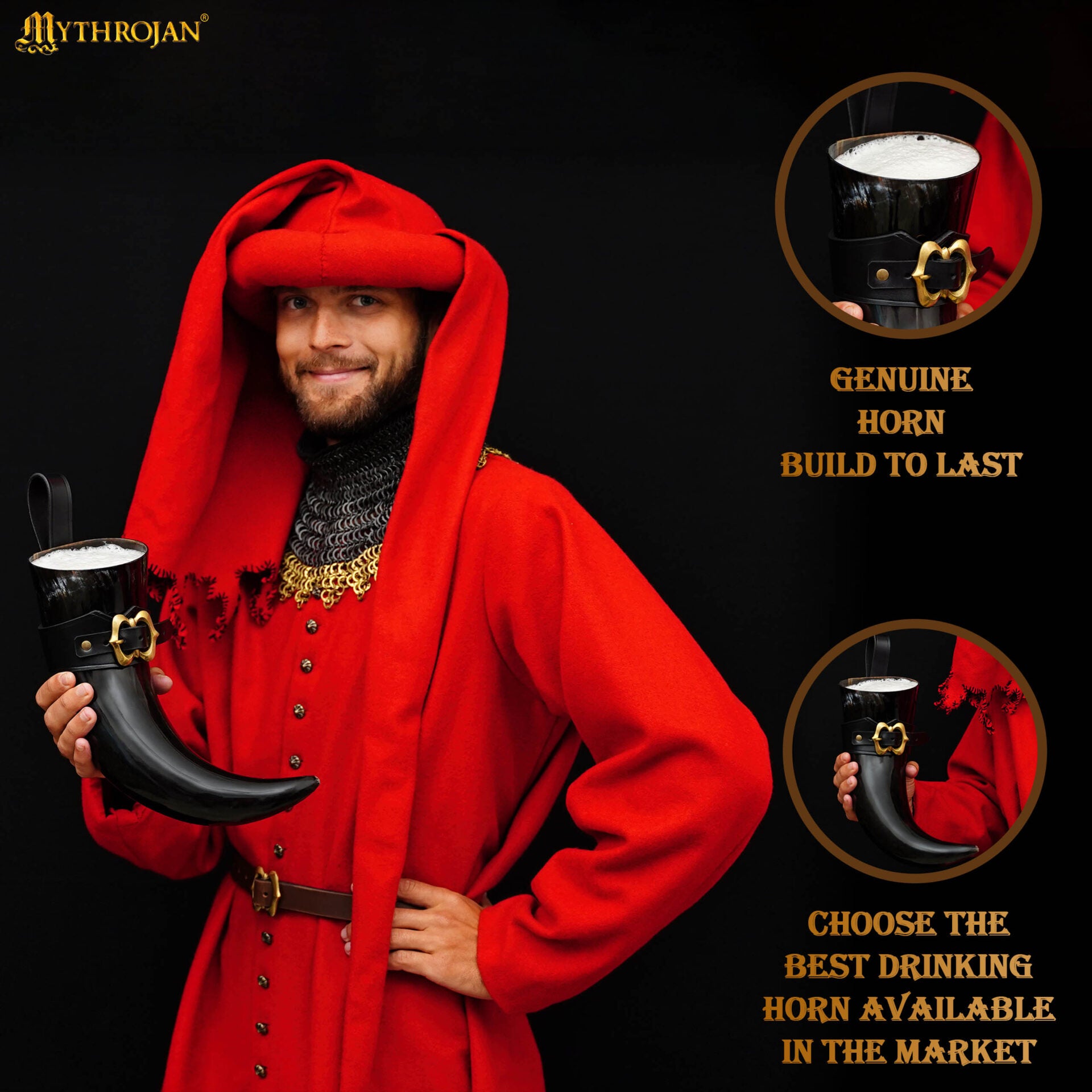 Mythrojan The Loyal Soldier - Vikingo Cuerno para Beber con Soporte de Cuero Negro Auténtica Jarra de Vino / Cabeza Vikinga de Inspiración Medieval - Acabado Pulido - 400ml - Imagen 2