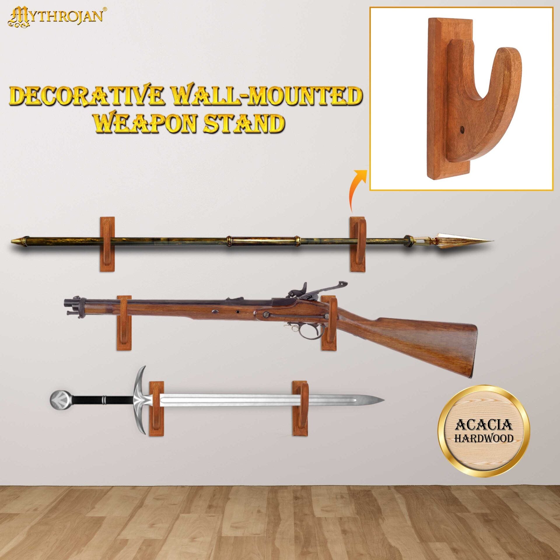 Mythrojan Sólida Madera Dura Pistola Rifle Arma de Fuego Pantalla Pared Soportes Juego de 2, 6.7 "x4.5" - Imagen 2
