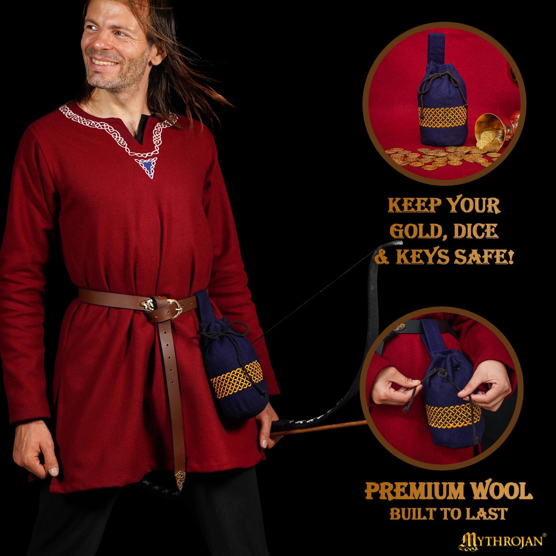 Mythrojan Bolsa de Lana Bordada con Cordón para Cinturón: Medieval Vikingo Celta Bolsa Accesorios de Disfraces Monedero, 8" × 6.5 - Imagen 2