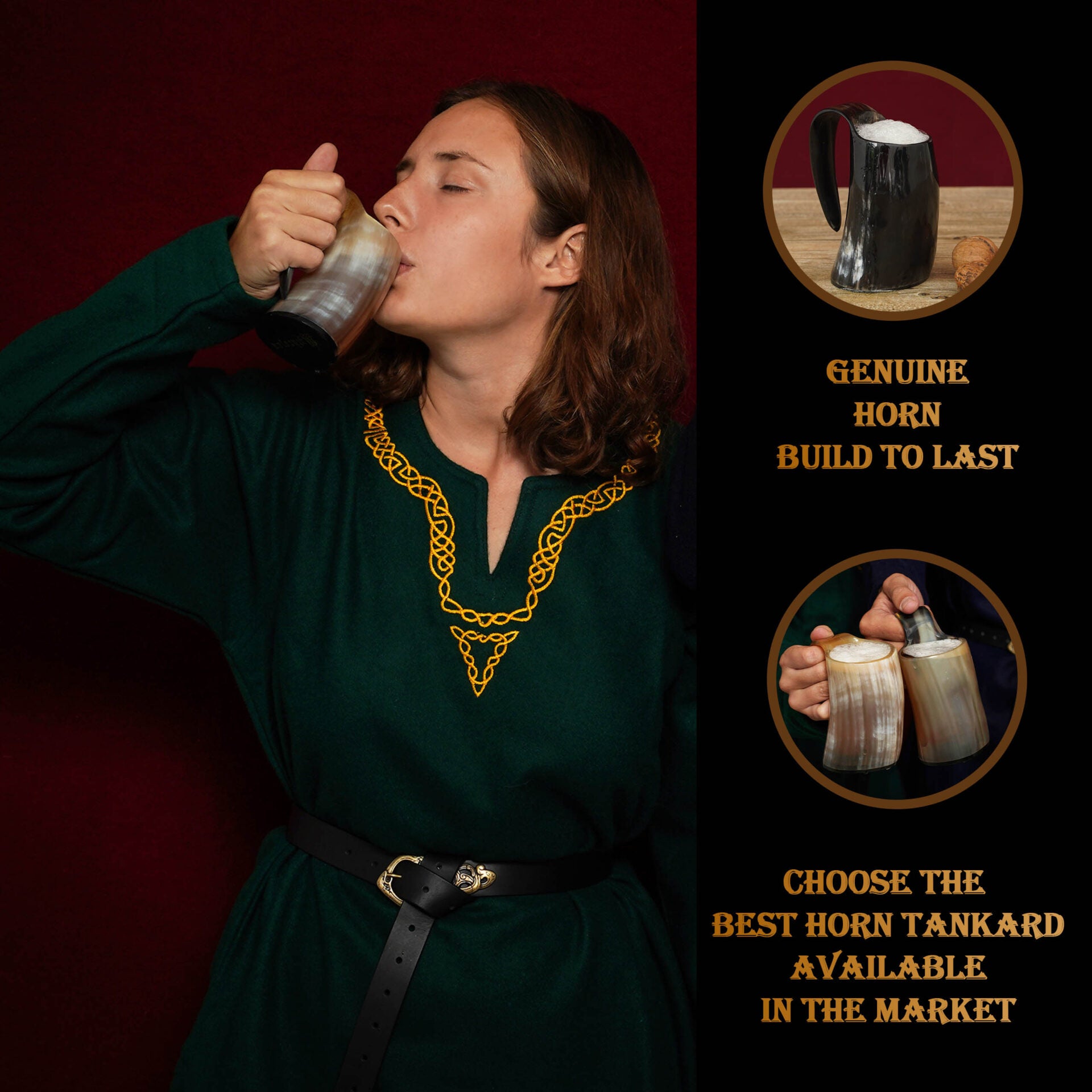 Juego de 2 Tazas de Cerveza Mythrojan Viking Horn - Tazas de Cerveza de Cuerno de Buey Pulidas a Mano con Asa - Tazas de Cerveza de Hidromiel de 4.5 - Imagen 6