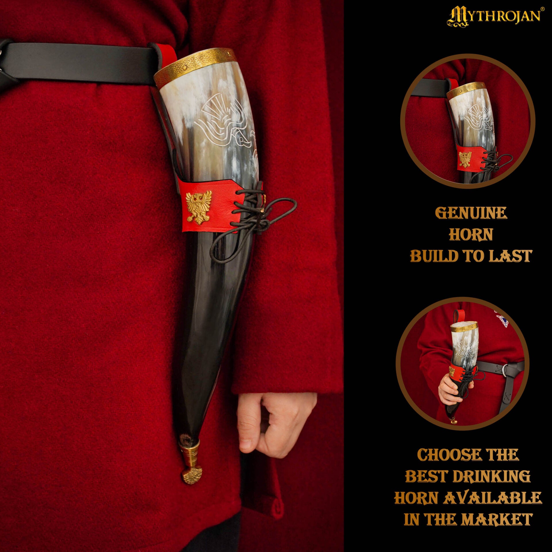 Mythrojan The Bird Of Prey Viking Drinking Horn 350 Ml con Soporte de Cuero Rojo Auténtica Jarra de Vino/cerveza Vikinga de Inspiración Medieval - Acabado Pulido - Imagen 2