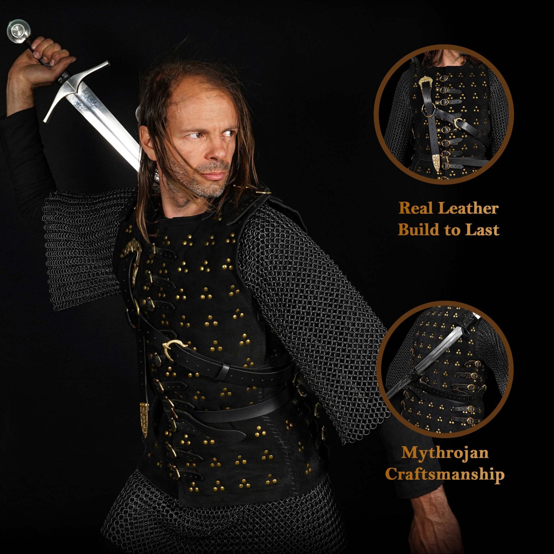 Mythrojan Geralt Back Scabbard, Ideal para Larp Cosplay y Eventos Medievales Cuero de Grano Completo Negro - Imagen 2