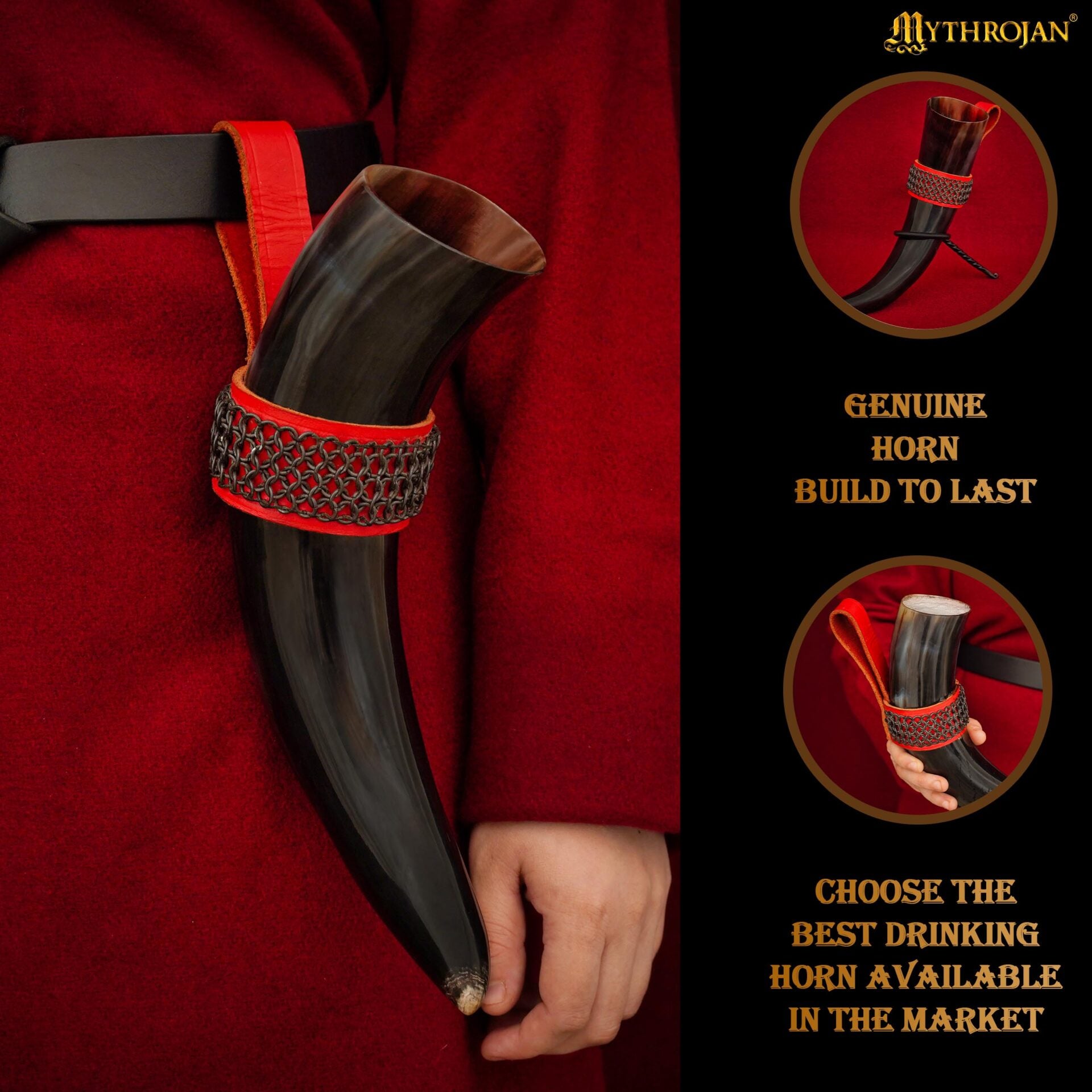 Mythrojan The Witcher Companion Vikingo Cuerno para Beber con Soporte de Cuero Rojo Auténtica Taza Vikinga Inspirada en la Edad Media - Acabado Pulido - Imagen 2