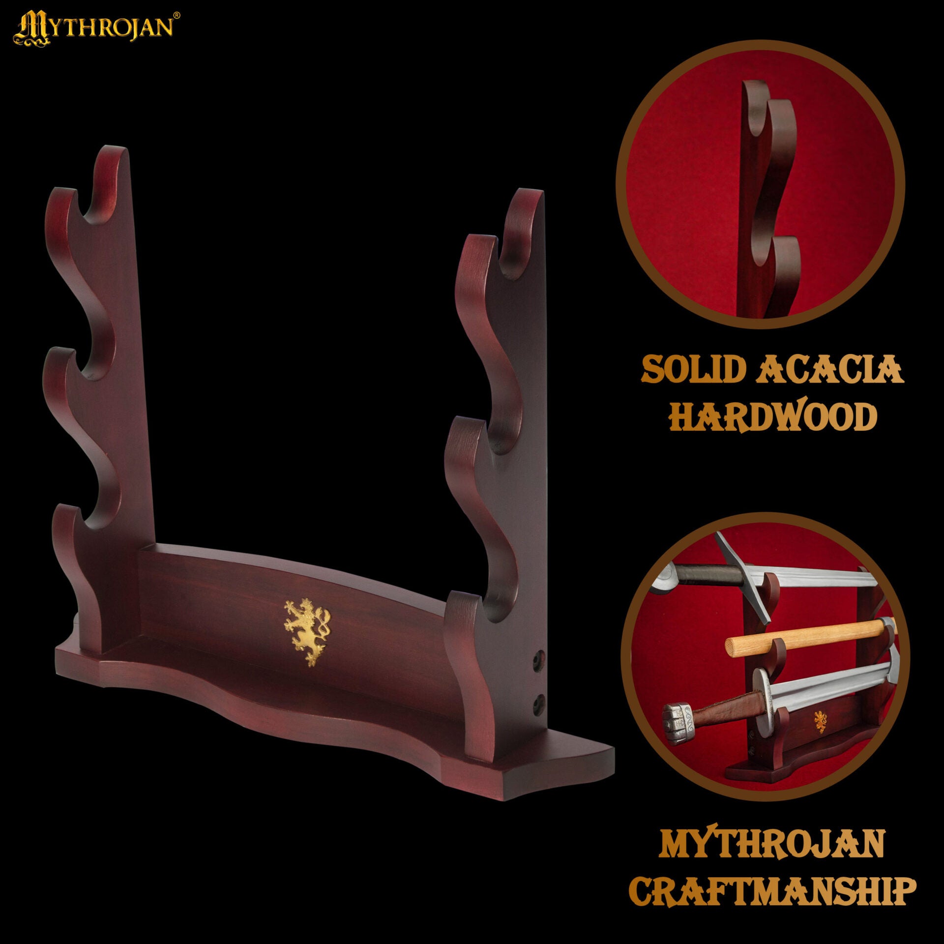 Mythrojan Soporte para Espada de Madera Maciza Tres Soportes con Decoración - Imagen 3