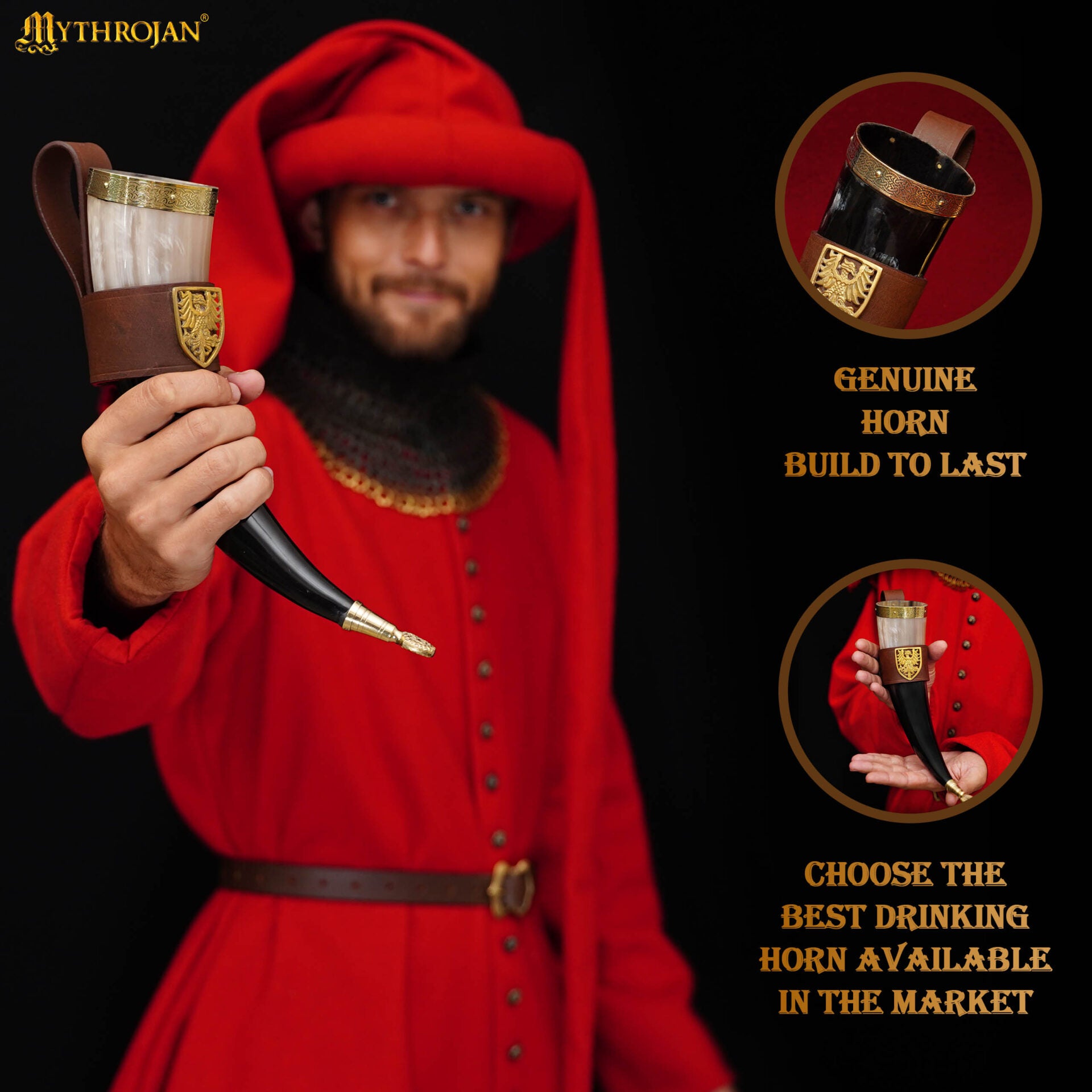 Mythrojan The Tournament Champion - Viking Drinking Horn 350 Ml With Brown Leather Holder Authentic Medieval Inspired Viking Wine/mead Mug - Polished Finish - Imagen 2