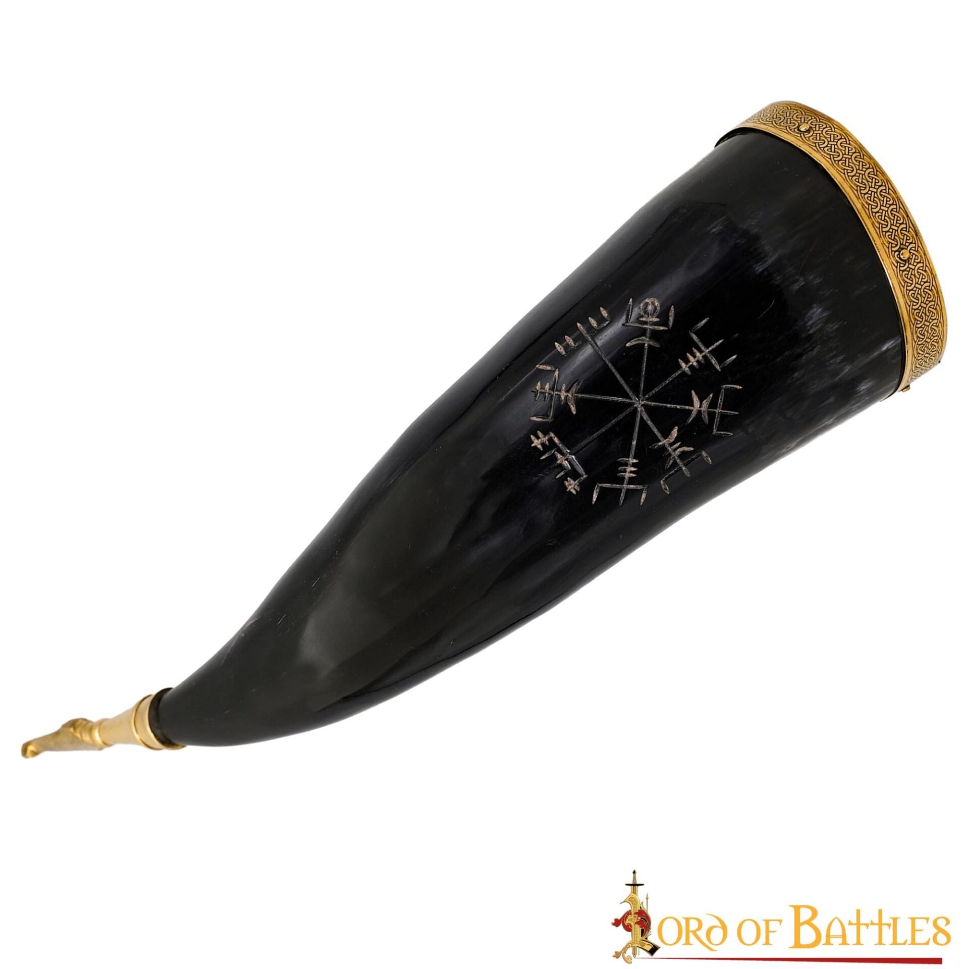 Cuerno Vikingo para Beber con Runa Vegvísir Grabada - Borde y Punta de Latón - Imagen 24