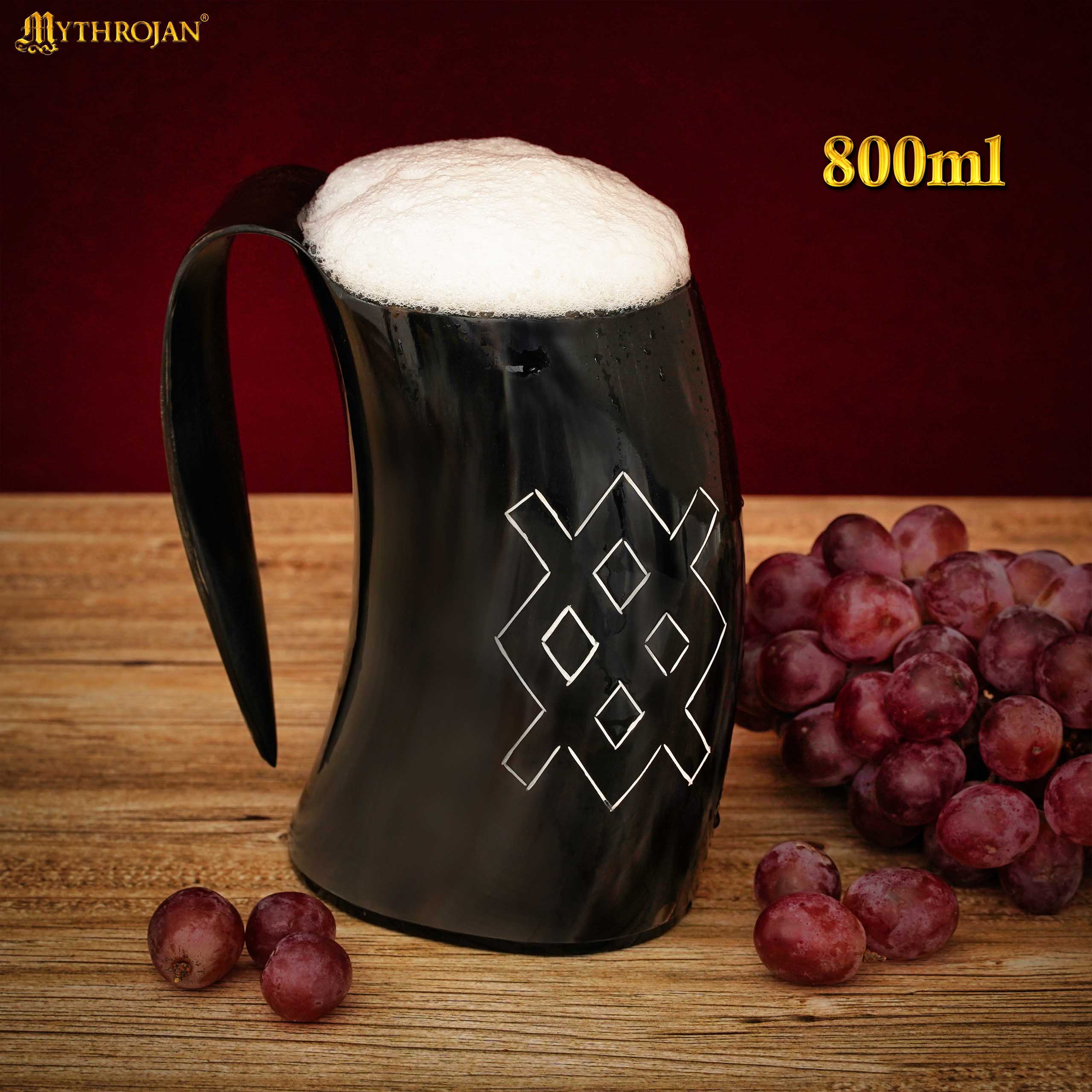 Vaso Mythrojan Vaso Vikingo con Asa y Hebilla Medieval Renacimiento con Correa de Cuero - Patern Único 800ml - Imagen 2