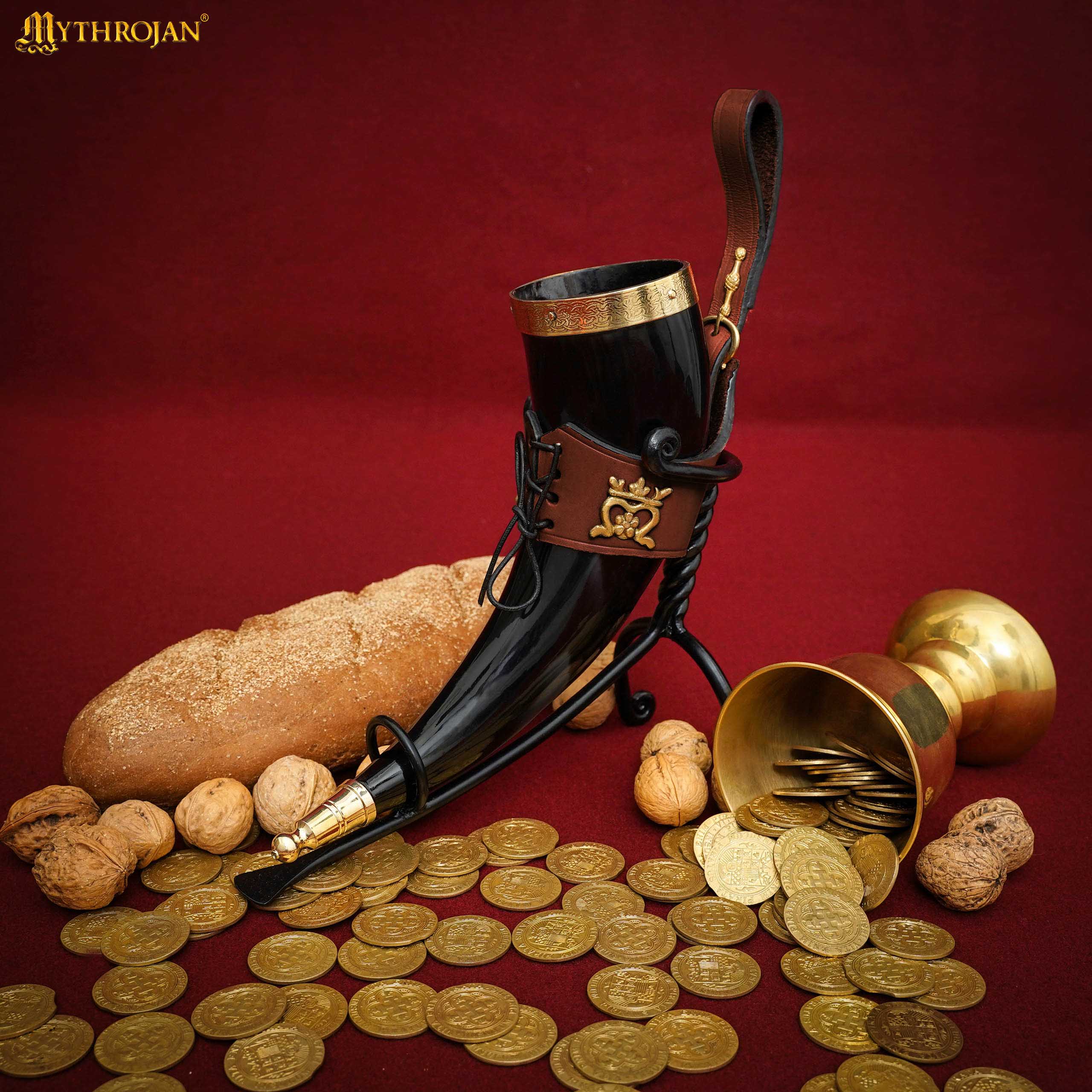 Mythrojan The Elegant Lady 350 Ml Cuerno Vikingo para Beber con Soporte de Cuero Marrón - Imagen 2