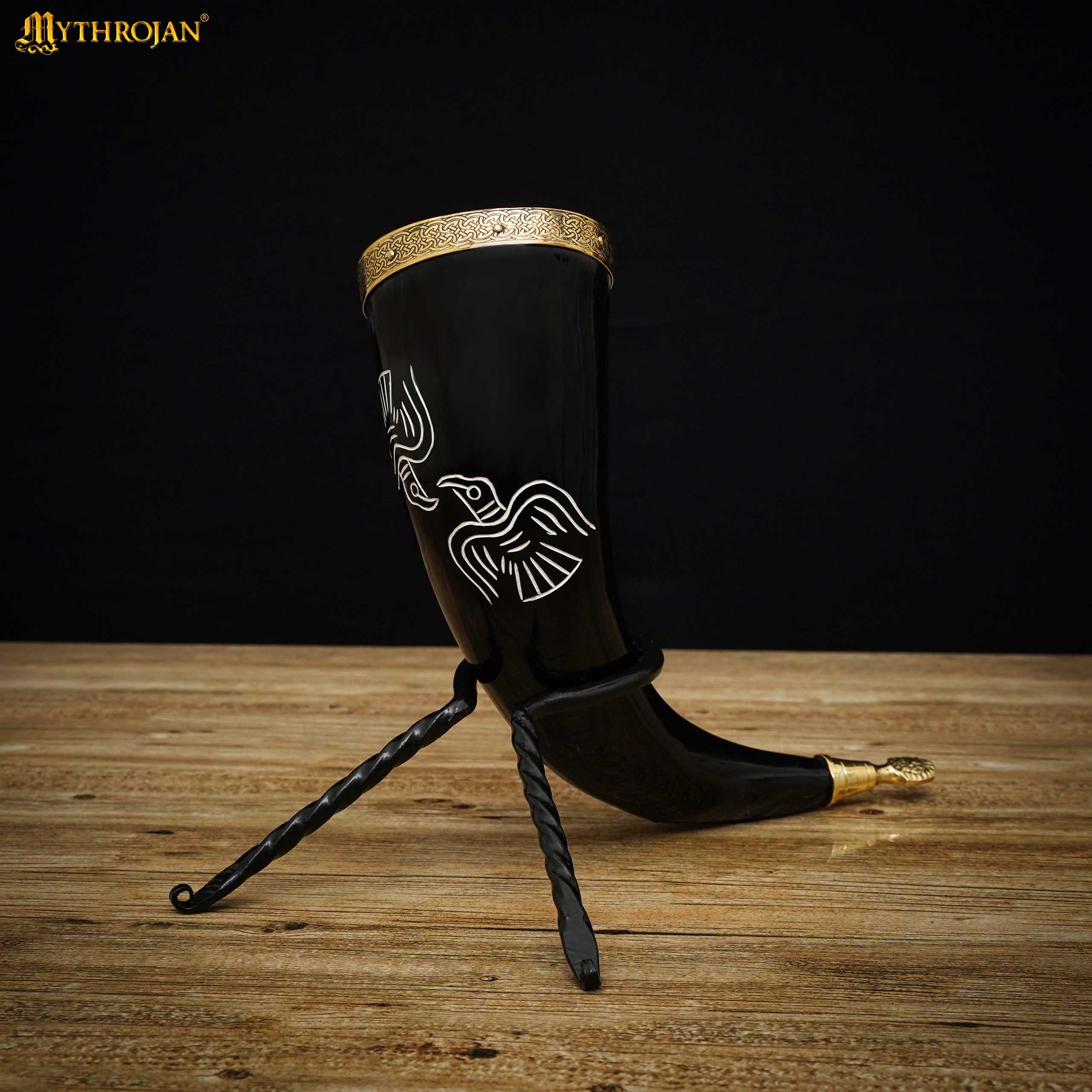Mythrojan The Bird Of Prey Viking Drinking Horn 350 Ml con Soporte de Cuero Negro Auténtica Jarra de Vino/cerveza Vikinga de Inspiración Medieval - Acabado Pulido - Imagen 2