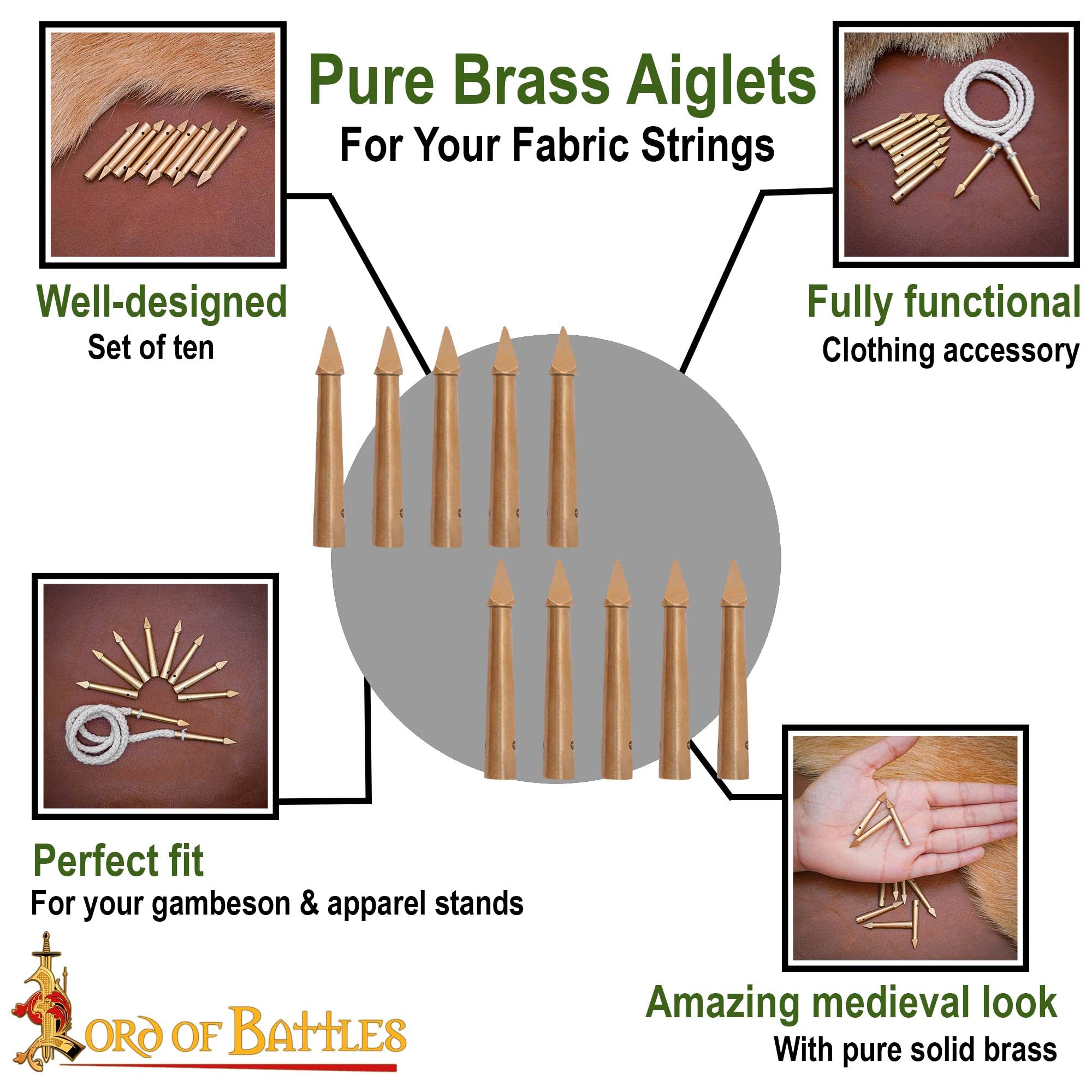 Aiglets Medievales de Latón - Juego de 10 Puntas de Lazo de Tela - Imagen 18