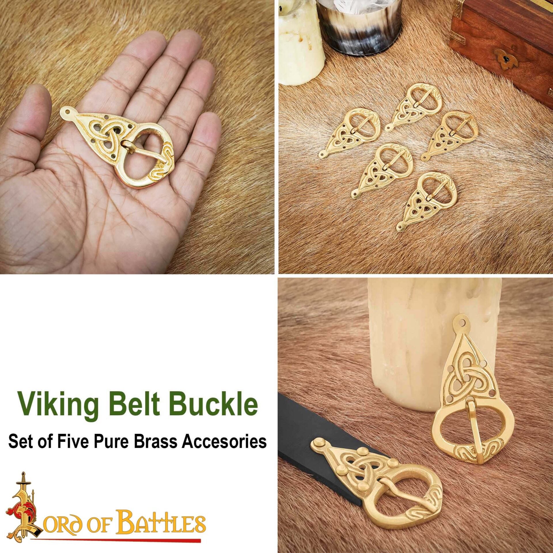 Hebilla de Cinturón Vikinga con Placa Posterior Nudos Celtas Latón Puro Juego de 5 - Imagen 8
