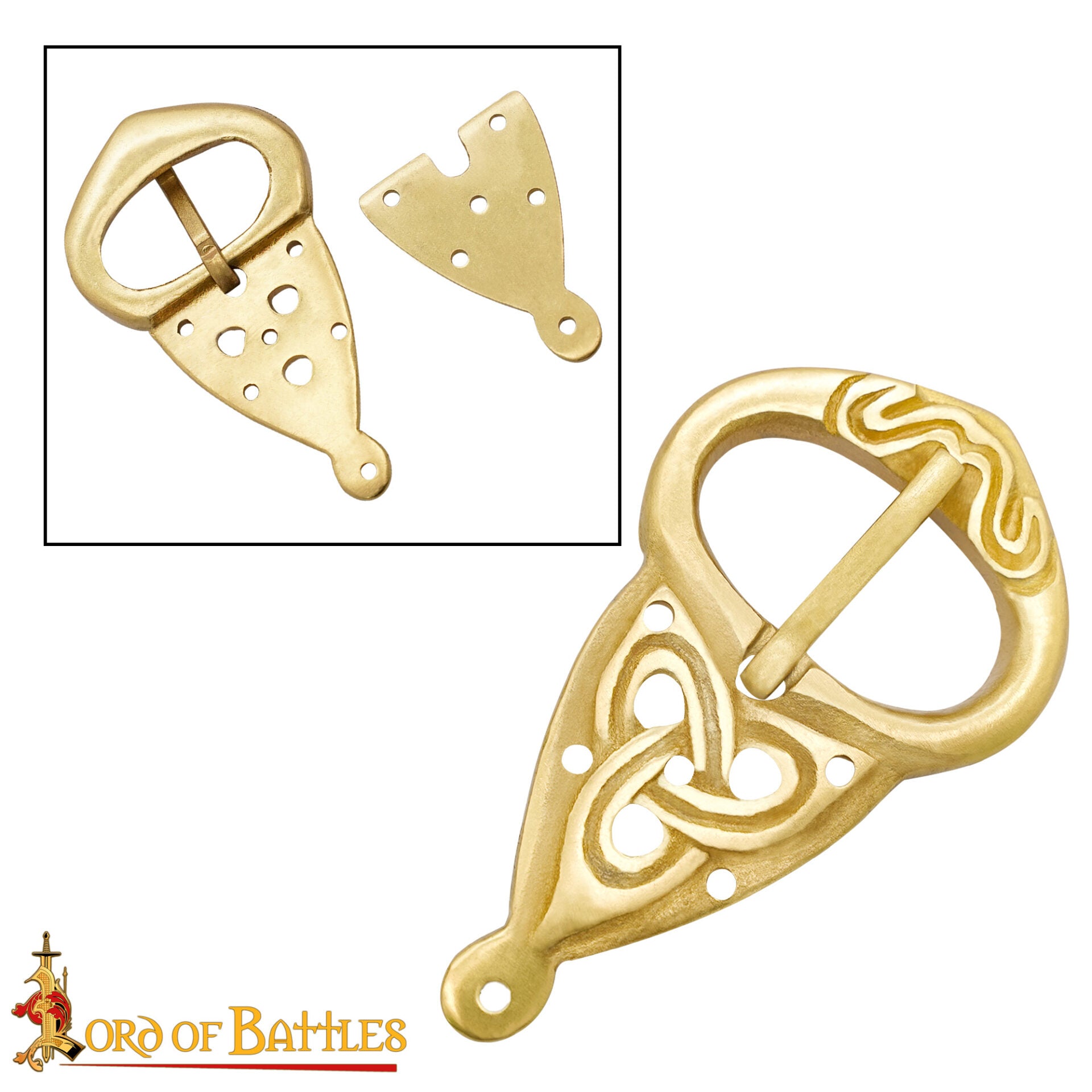 Hebilla de Cinturón Vikinga con Placa Posterior Nudos Celtas Latón Puro Juego de 5 - Imagen 7