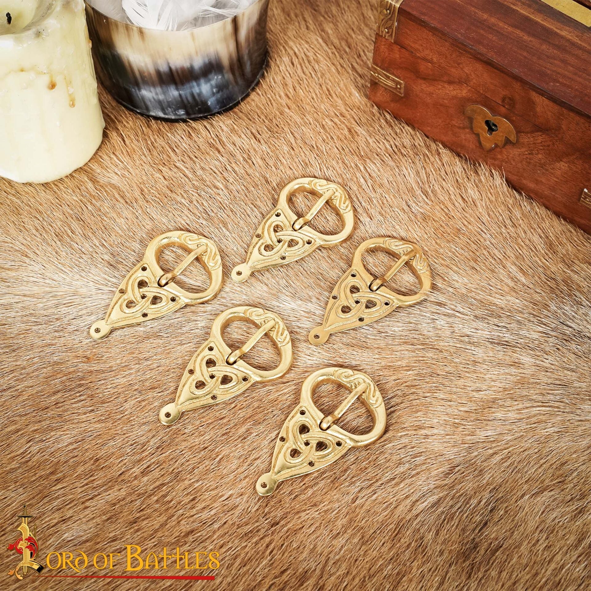 Hebilla de Cinturón Vikinga con Placa Posterior Nudos Celtas Latón Puro Juego de 5 - Imagen 1